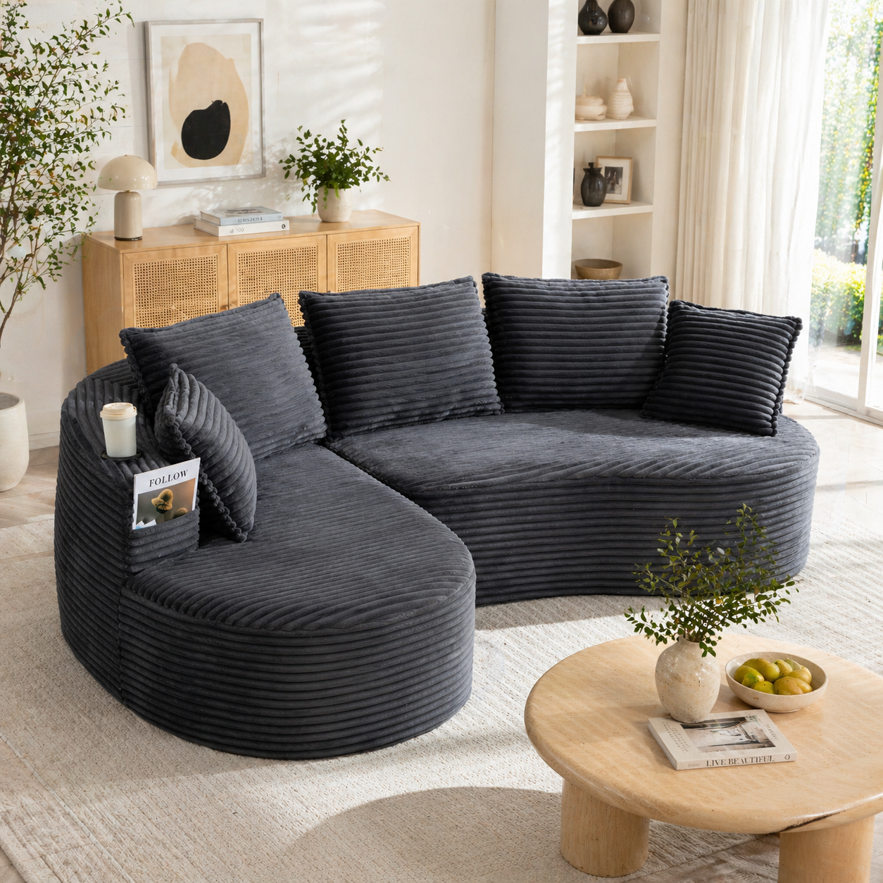 Canapé avec porte-gobelets intégrés et poches latérales, coussin inclus, mousse haute densité et ressorts