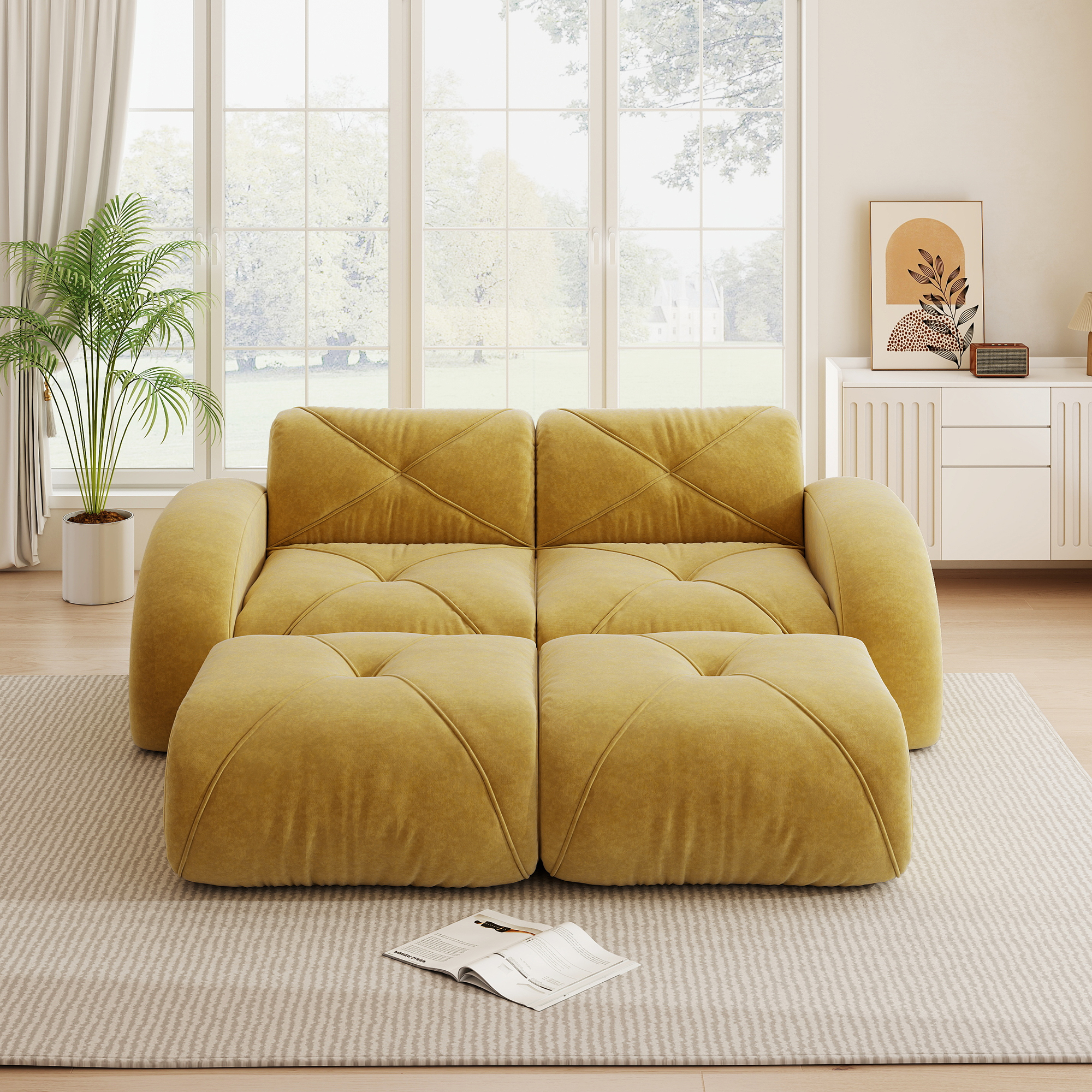 Canapé modulable 2 places en tissu Chenille jaune, design sans accoudoirs avec 2 repose-pieds inclus pour salon moderne