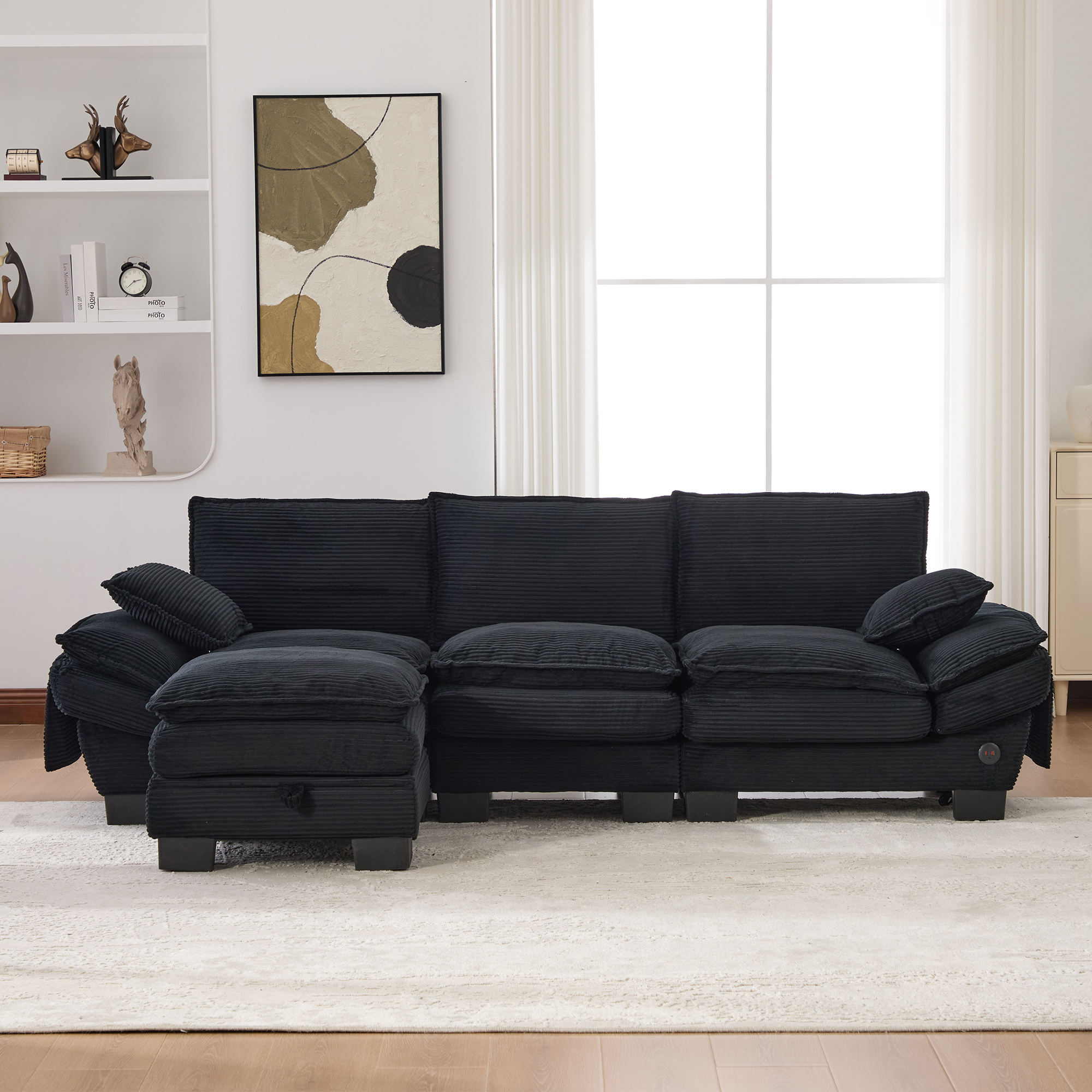 Canapé d'angle 3 places en velours côtelé noir avec pouf et port USB-C intégré pour salon
