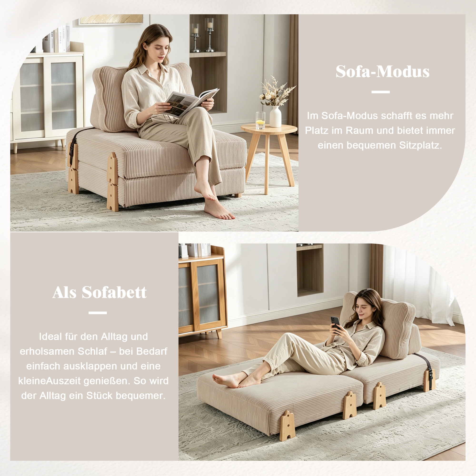 Lit rembourré en cord pour petit espace avec dossier ergonomique et structure en bois massif, convertible