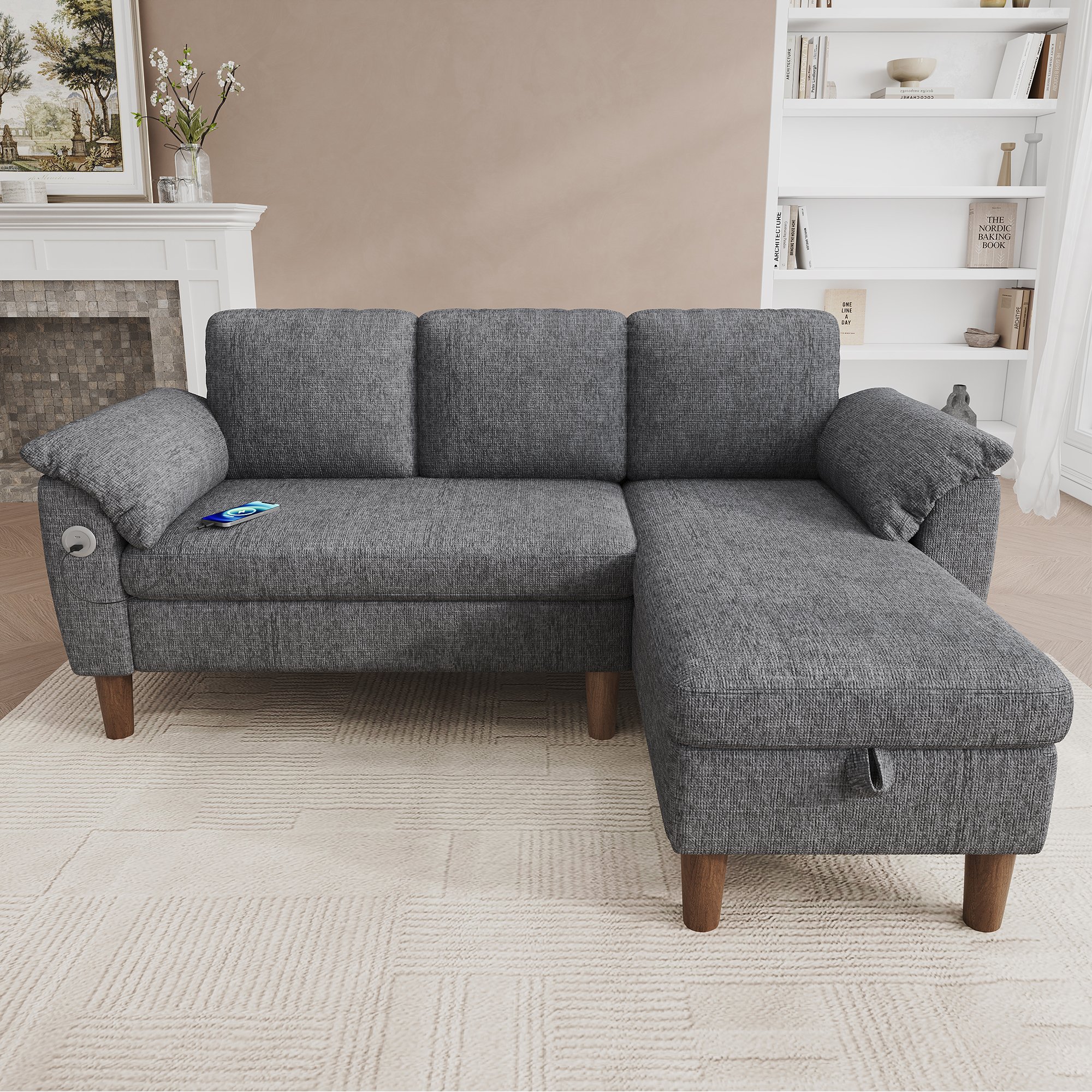 Canapé d'angle 3 places en tissu chenille gris clair avec chaise longue réversible et rangements intégrés, ports USB et Type-C