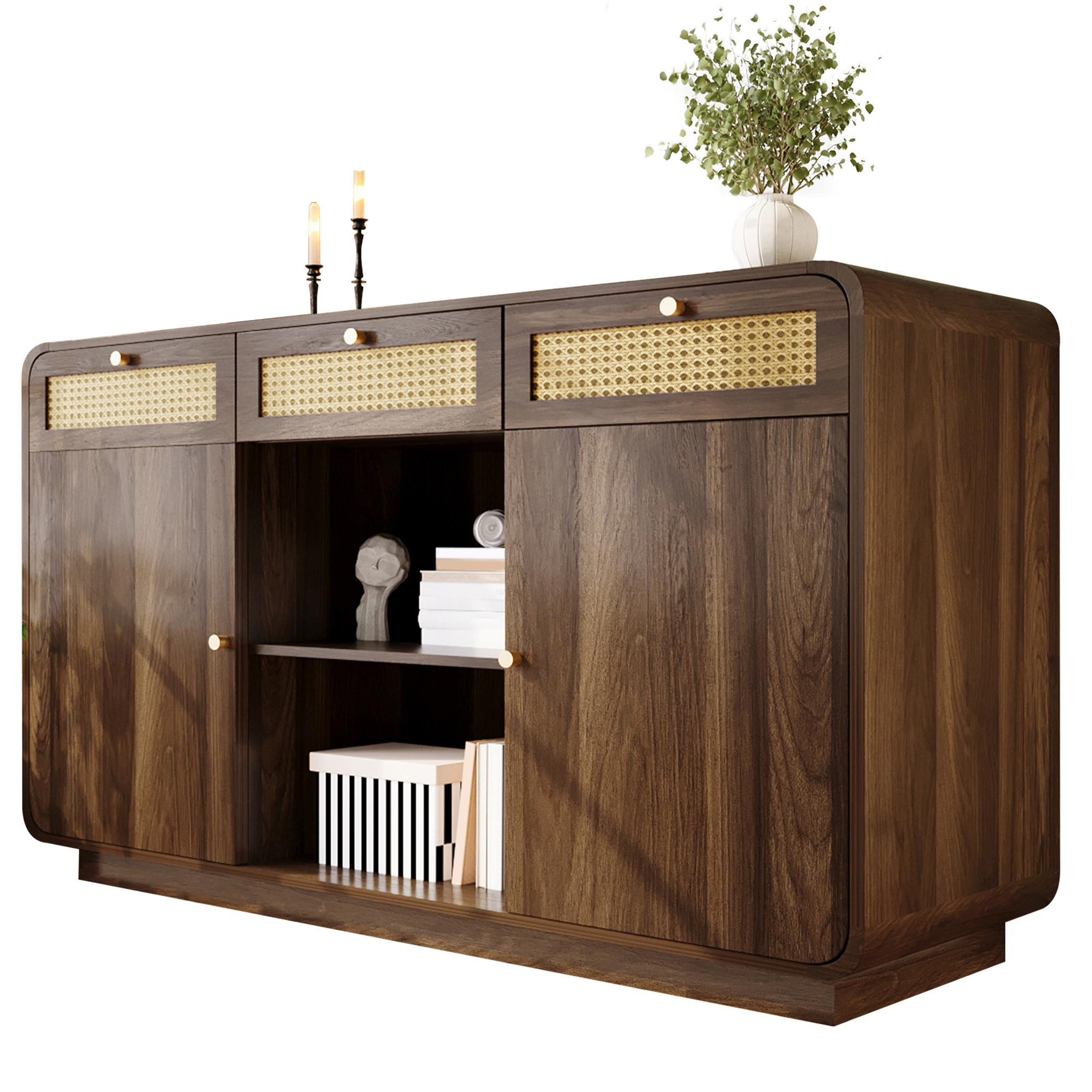 Buffet Style Rétro avec Rattan et Or, Meuble à 3 Tiroirs et 2 Portes avec Étagère Ouverte, 120 cm Large
