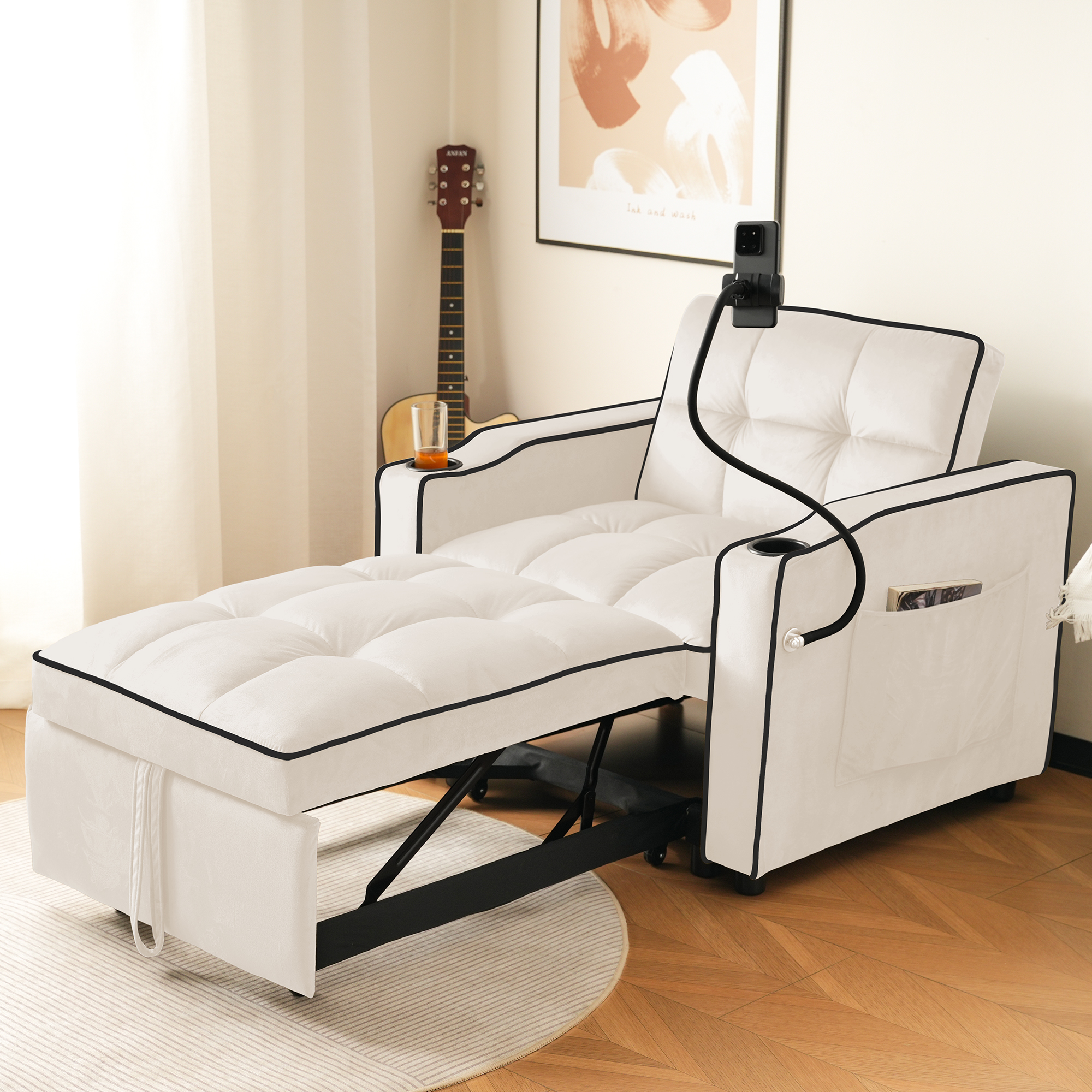 Fauteuil Convertible Lit 1 Place Beige Velours, Canapé Relax Multifonction avec Rangement Latéral et Porte-Gobelets, Design Moderne Compact