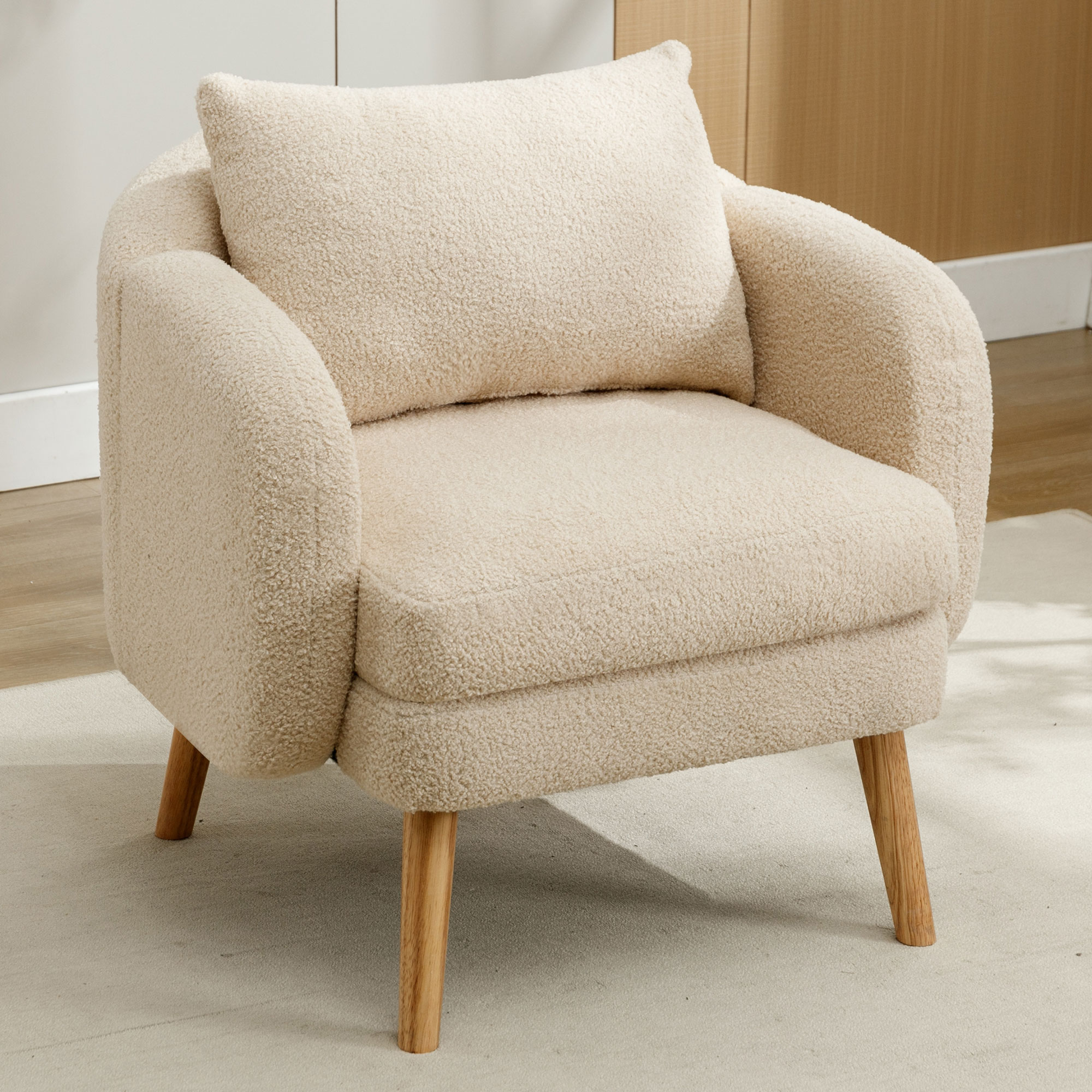 Fauteuil Salon Moderne en Velours Teddy Beige, Coussin Amovible, Structure Bois Massif, Assise Confortable pour Intérieur