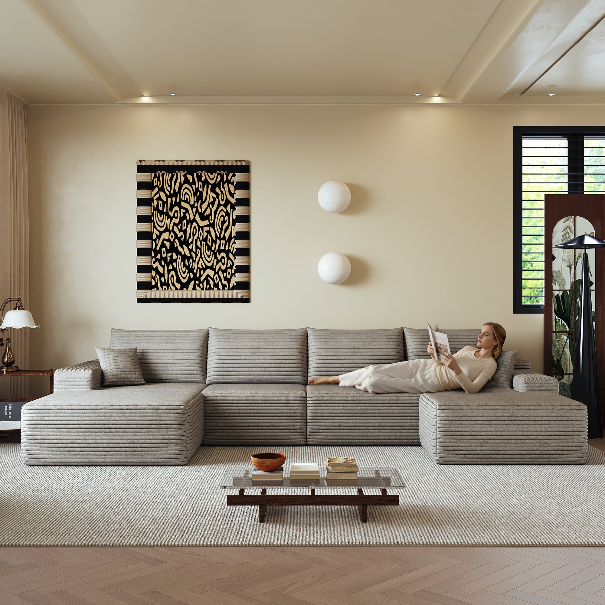 Canapé d'angle 340x175cm en velours côtelé camel, structure modulaire sans montage, assise profonde et mousse haute élasticité pour salon ou chambre