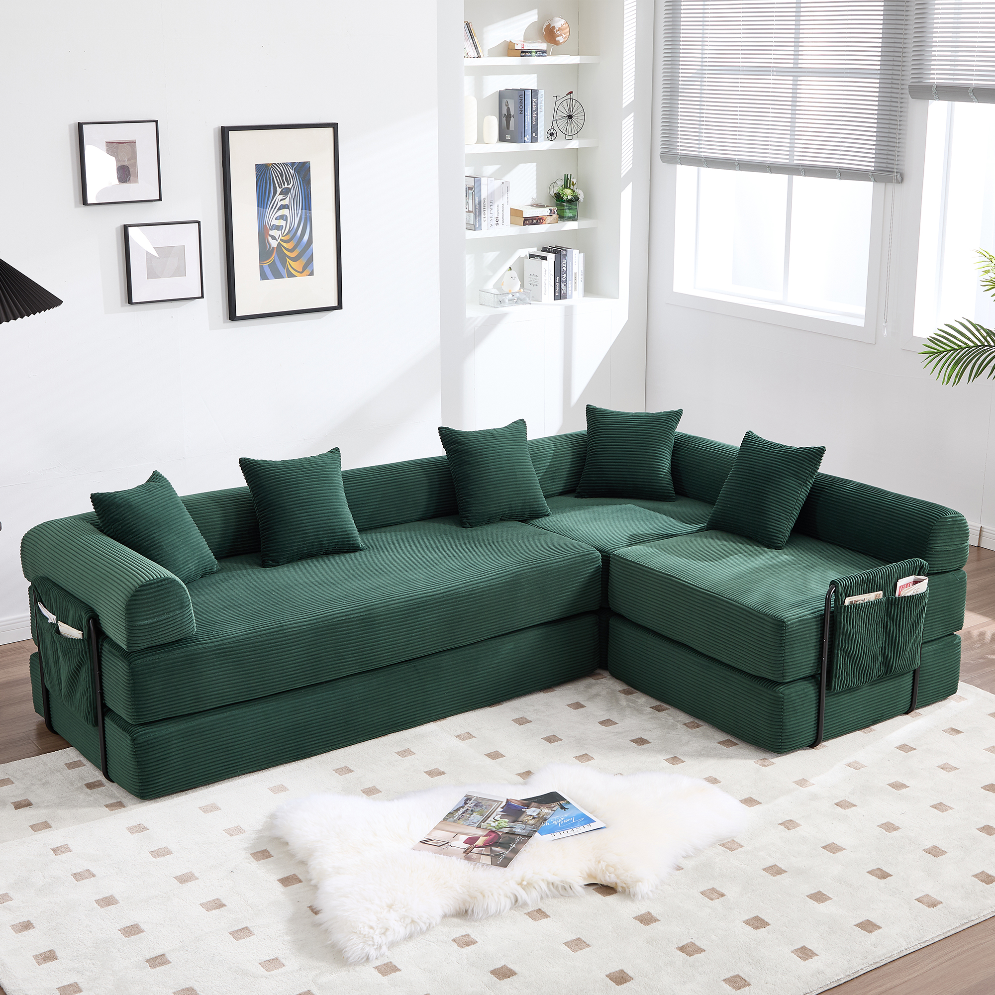 Canapé modulaire avec rangement 270x180x64 cm en velours côtelé vert émeraude, 3 places pour toute la famille