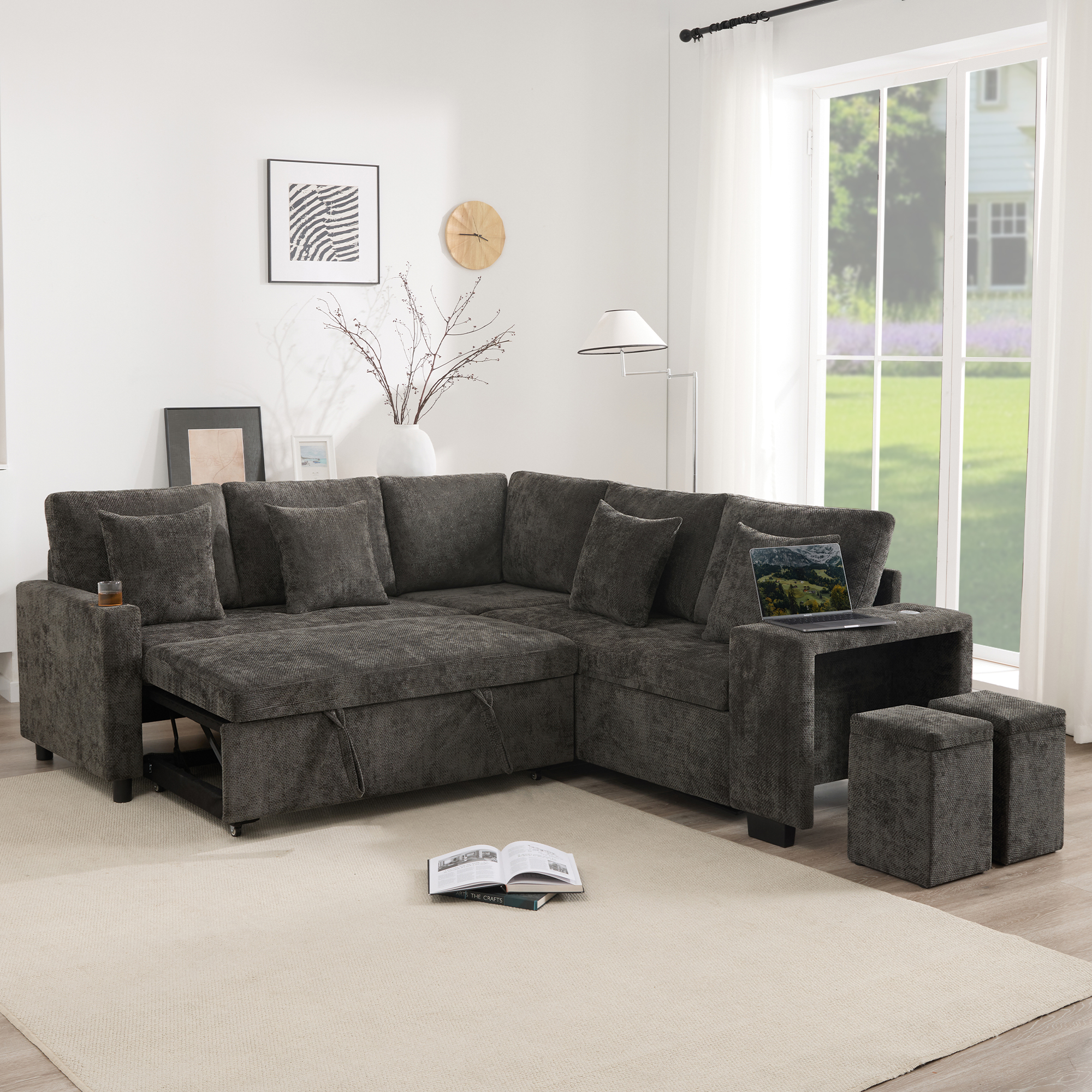 Canapé d'angle convertible 5 places en chenille gris, structure bois massif et coffre de rangement