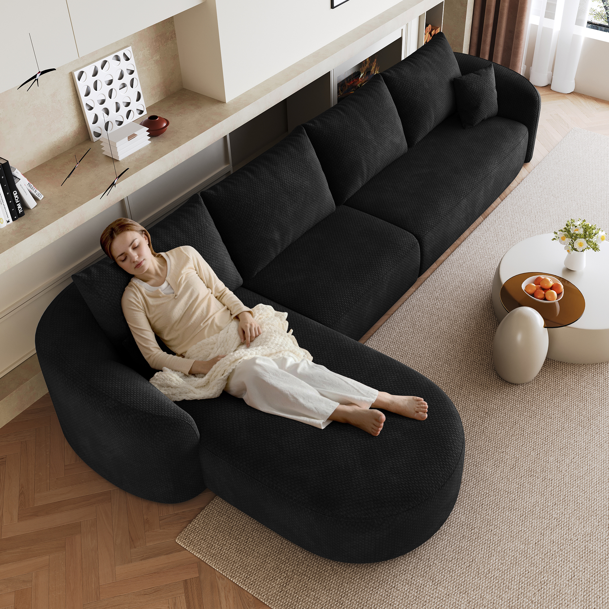 Canapé d'angle modulable noir en tissu, canapé d'angle contemporain sans montage pour salon et chambre, structure flottante