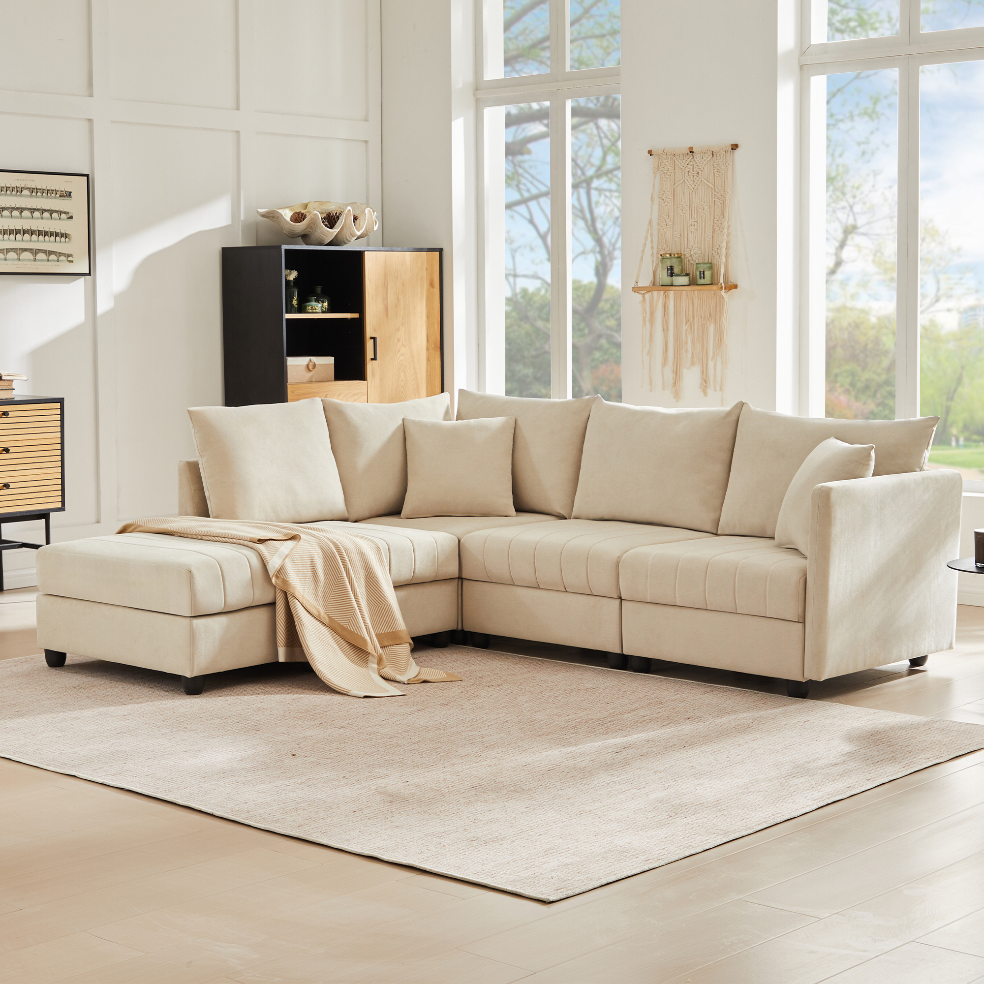 Canapé d'angle 5 places en tissu linoptique beige avec ressorts ensachés et mousse haute élasticité