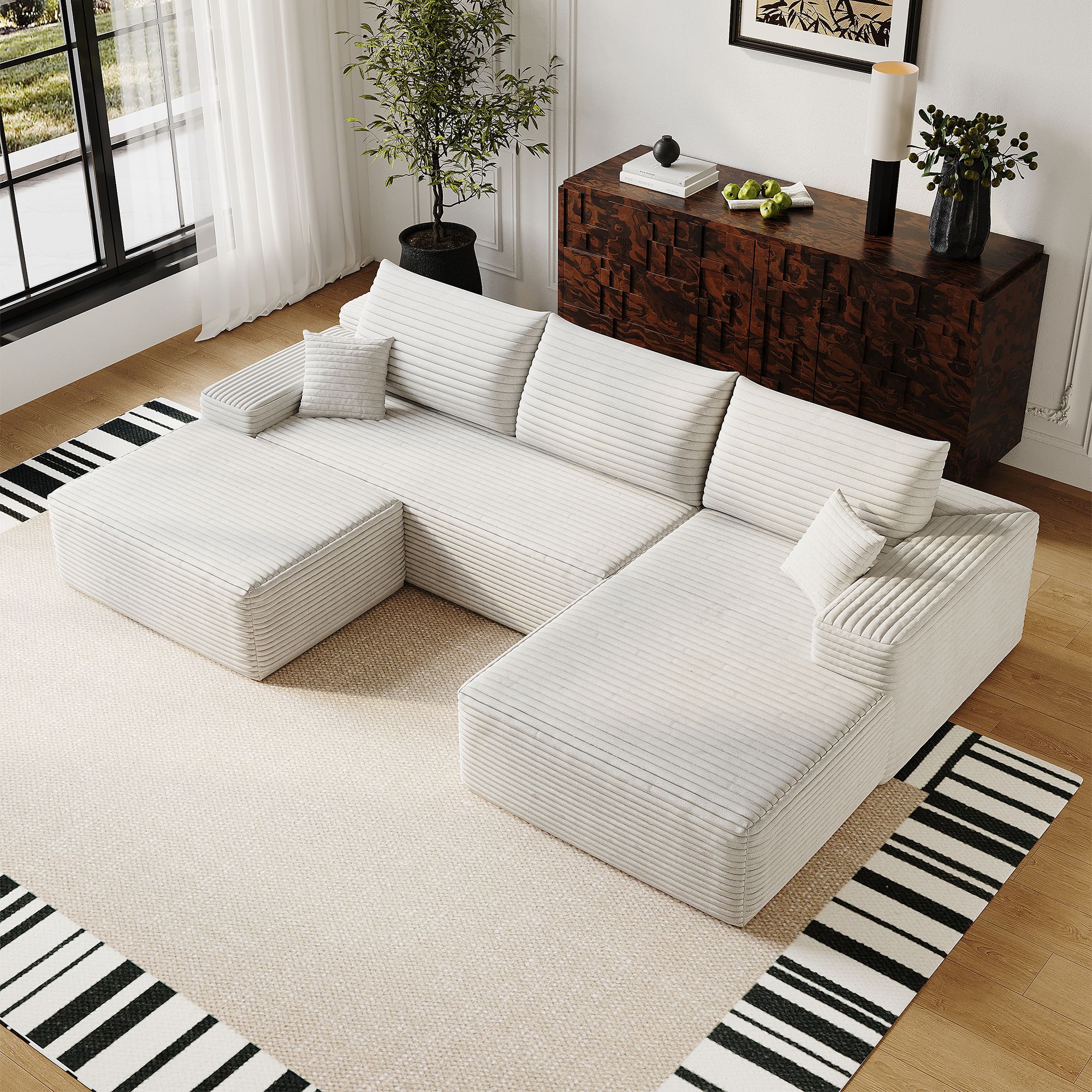 Canapé d'angle blanc 270cm sans montage, tissu côtelé et mousse haute élasticité, idéal pour petits espaces grâce à sa compression.