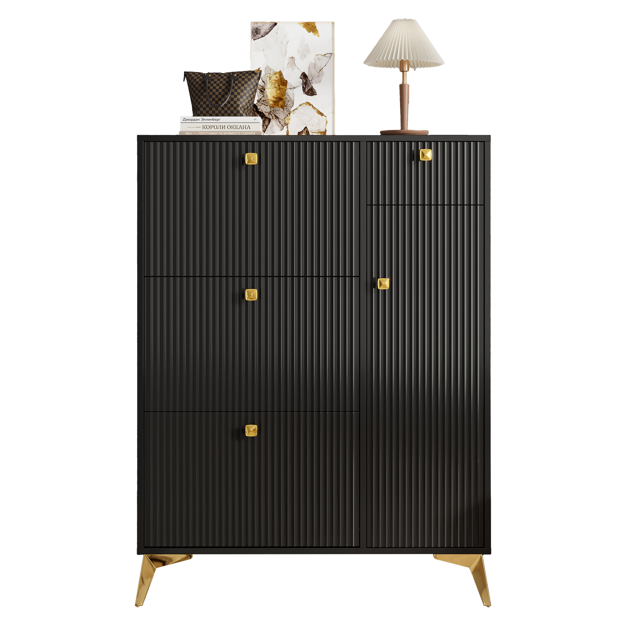 Meuble à chaussures noir 90x25x121 cm, 3 portes pliantes, 1 tiroir intégré, structure panneaux de particules et métal