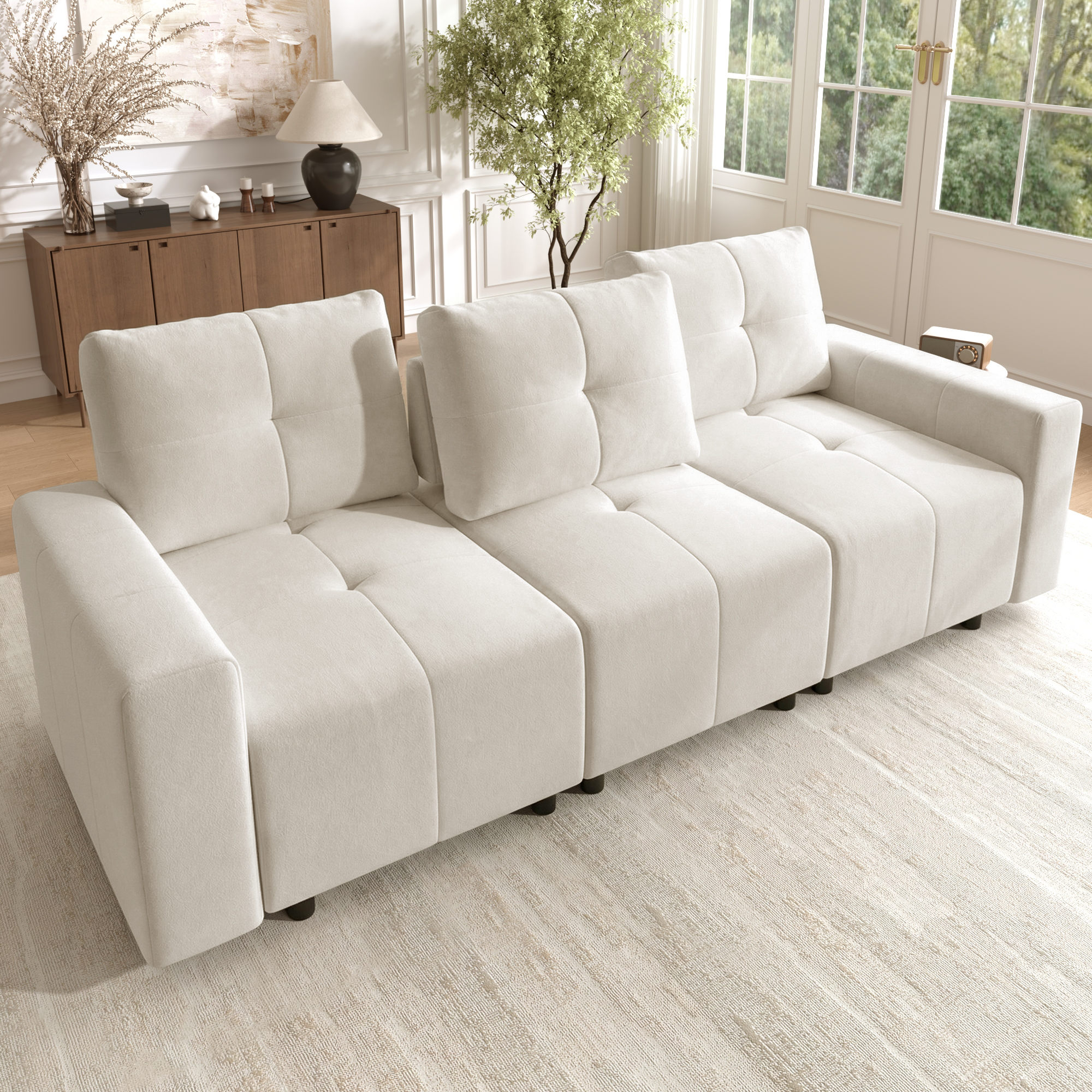Canapé Convertible 3 Places Droit Chenille Beige Blanc, Profondeur Réglable Jusqu'à 68 Cm, Structure Bois Massif, Confort Ergonomique Salon Moderne