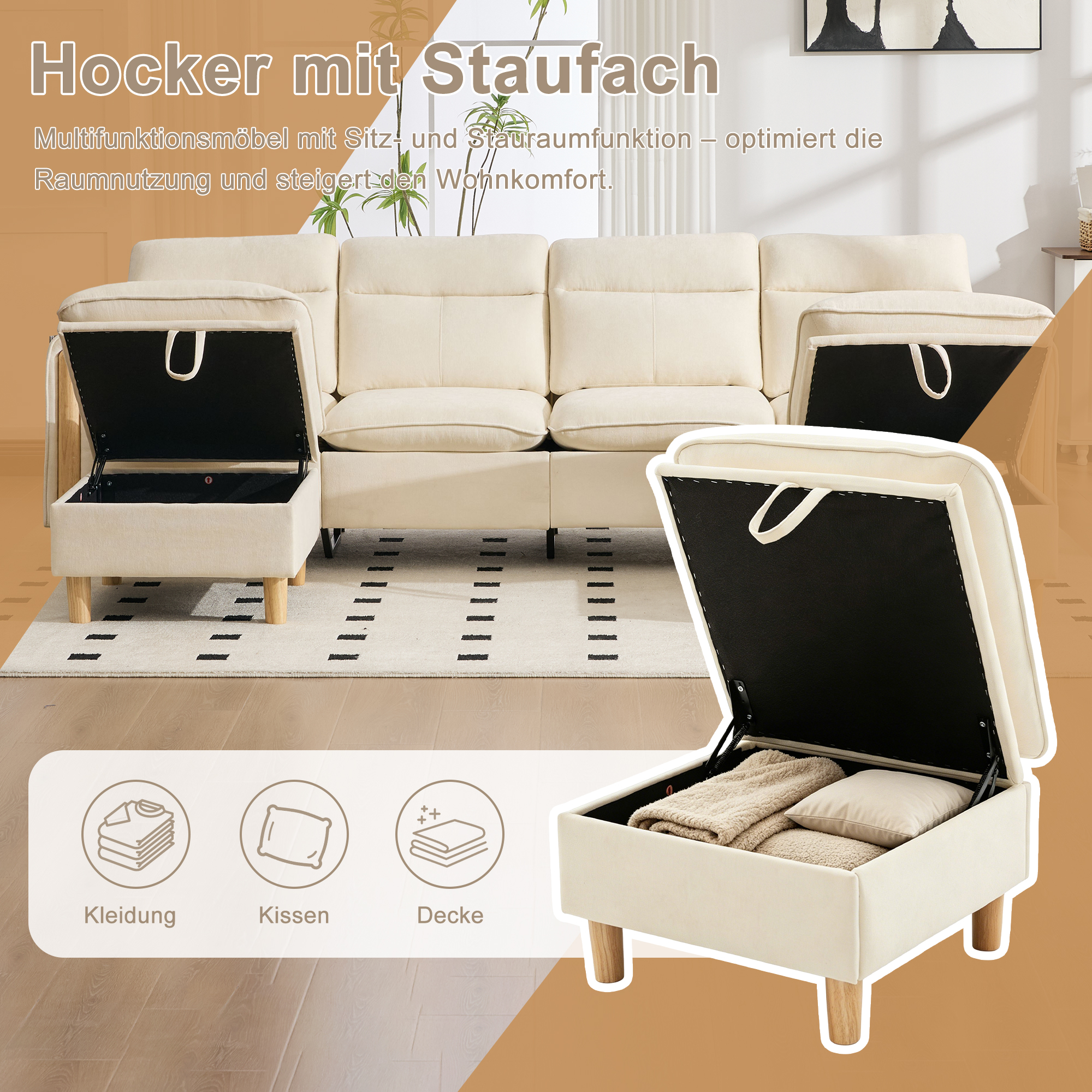 Canapé en U 4 places en chenille beige avec deux poufs et coffres de rangement pour salon familial