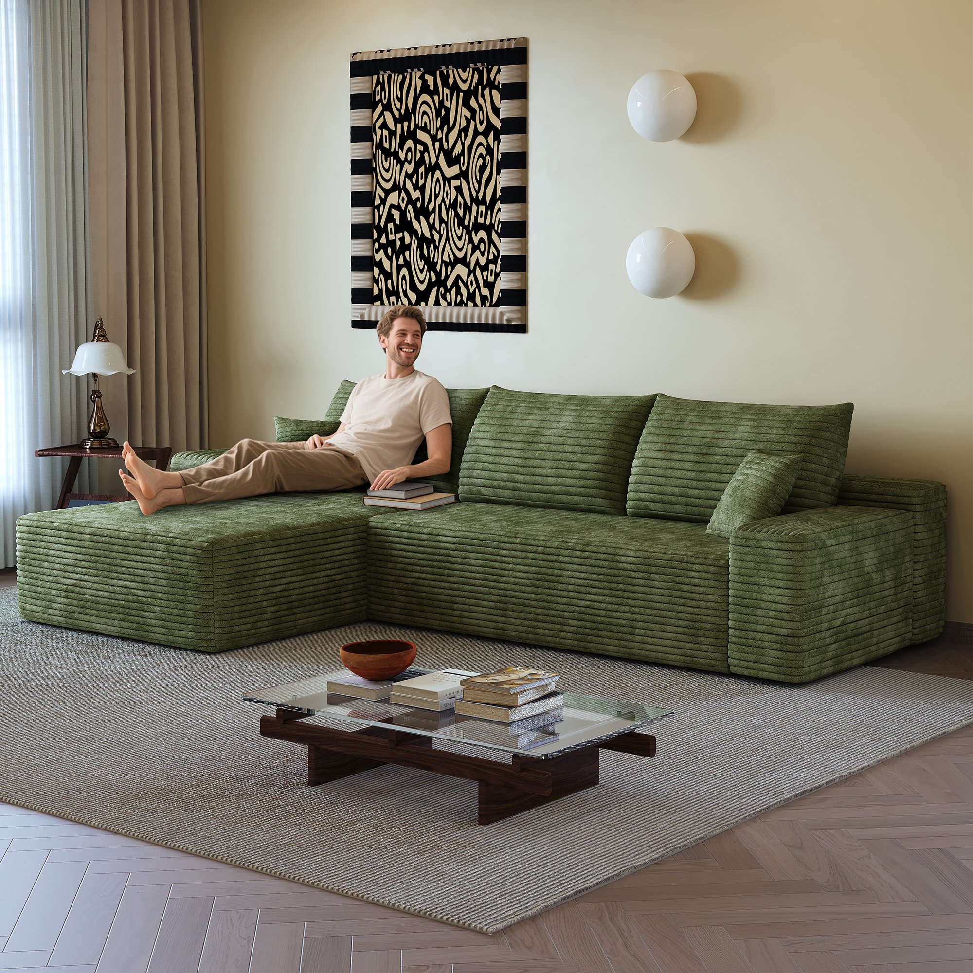 Canapé d'angle 270x175cm vert en tissu côtelé, structure modulaire sans montage, coussins mousse haute élasticité pour salon moderne et appartement