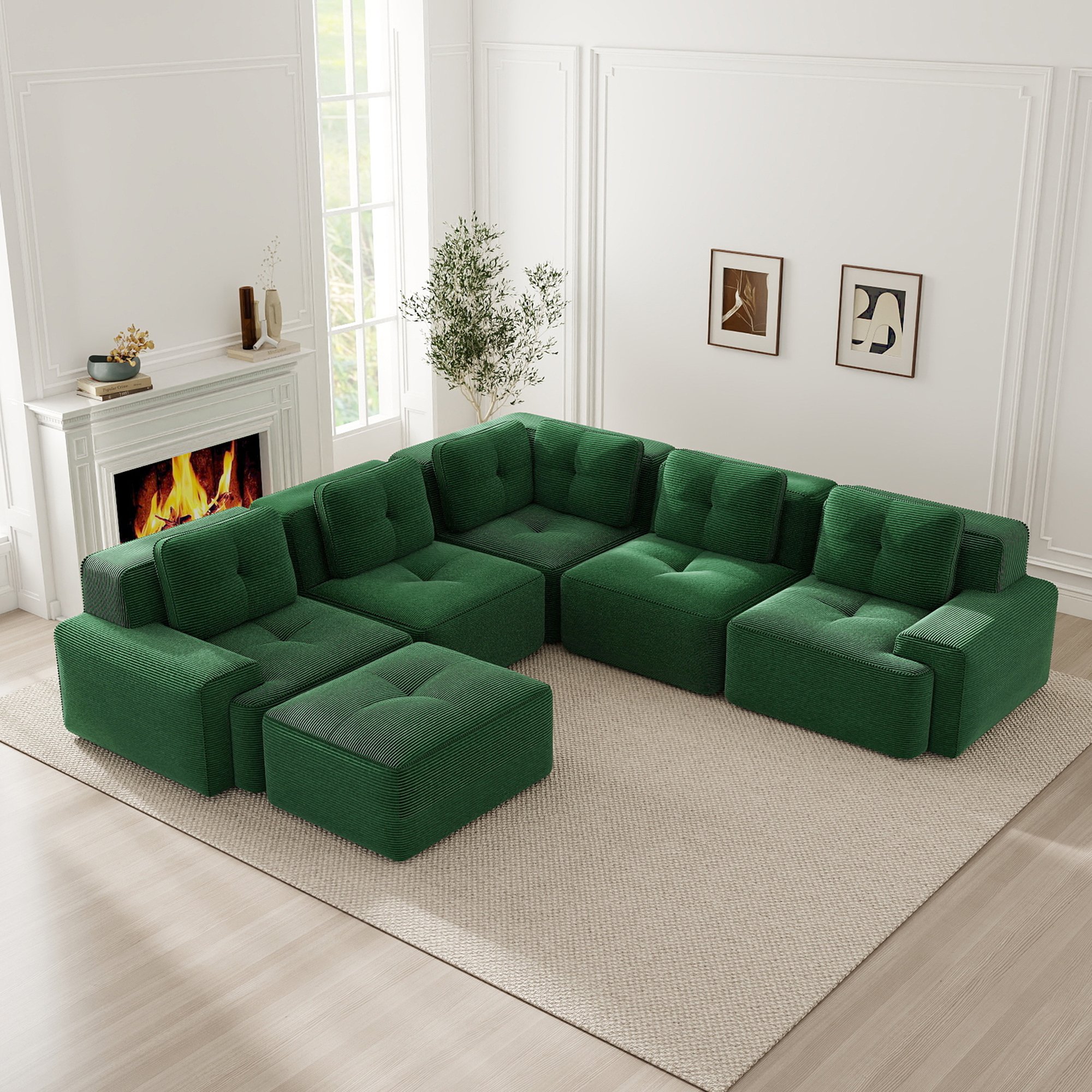 Canapé d'angle modulable vert en tissu côtelé sans cadre, assise profonde 74cm, confort nuageux pour salon et bureau, style contemporain