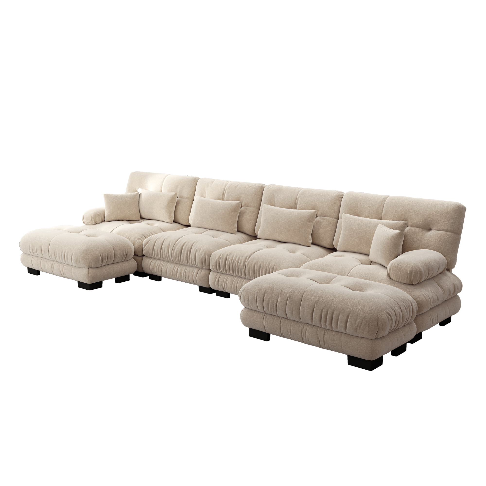 Canapé d'angle 4 places en velours côtelé beige clair avec pouf mobile et LED intégrée pour salon