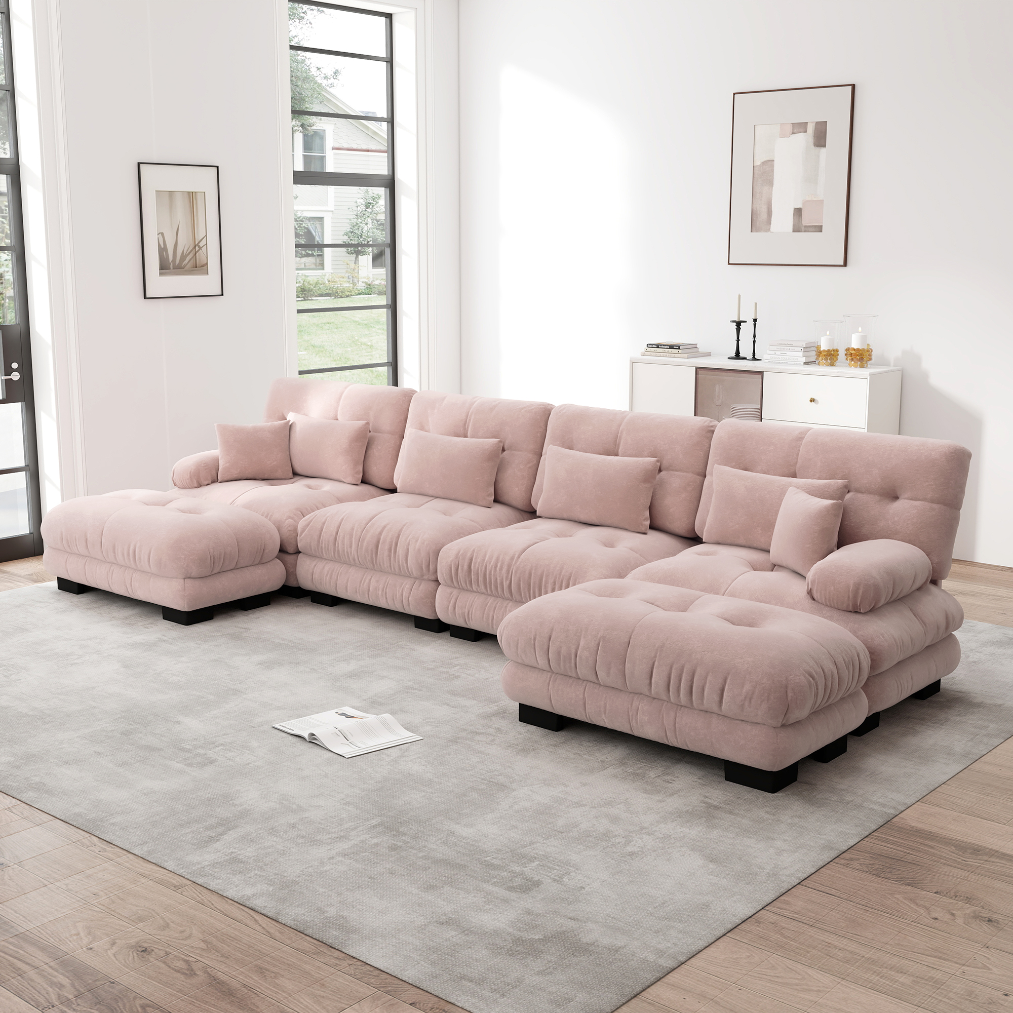 Canapé d'angle 4 places en chenille rose avec coussins et ottoman mobile assorti pour salon