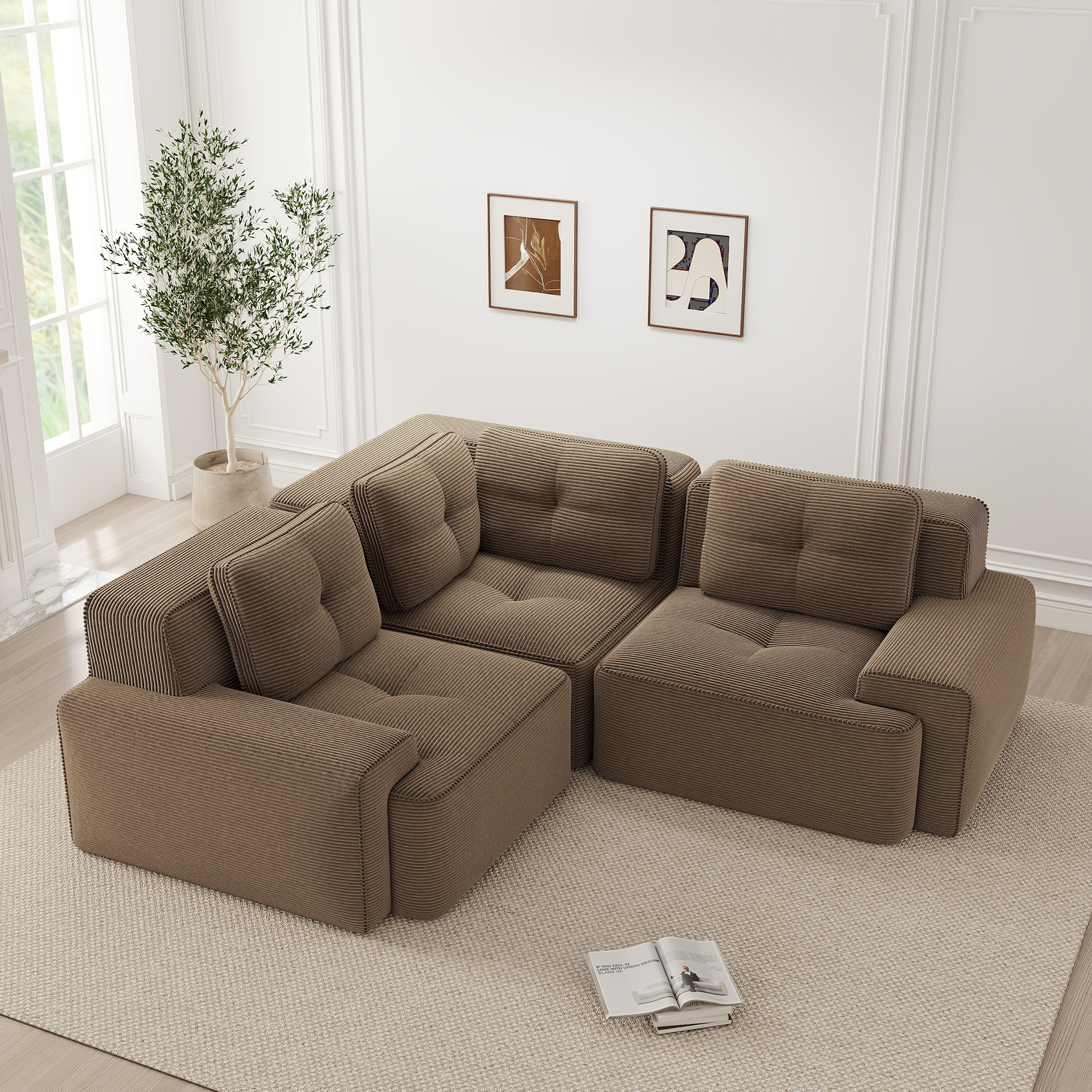Canapé Modulable Structure Sans Cadre Avec Remplissage Mousse Haute Densité 32D, Revêtement Velours Côtelé Marron
