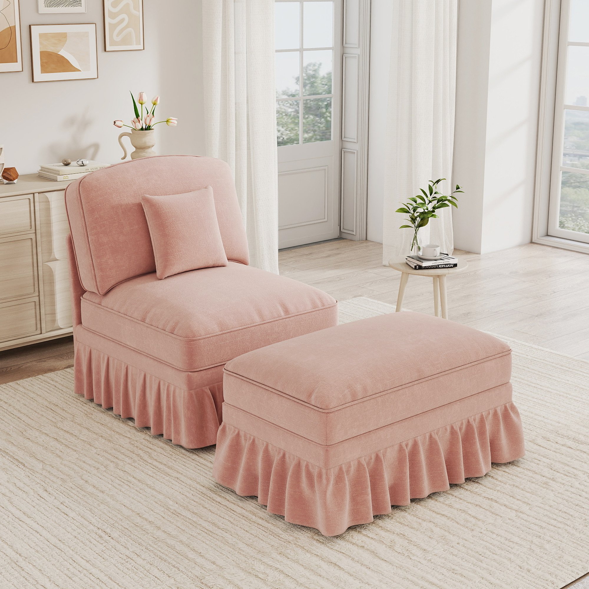 Fauteuil Lounge Rembourré Chenille Rose, Structure Mousse Haute Densité, Pieds Tournés et Accoudoirs Fleuris Élégants