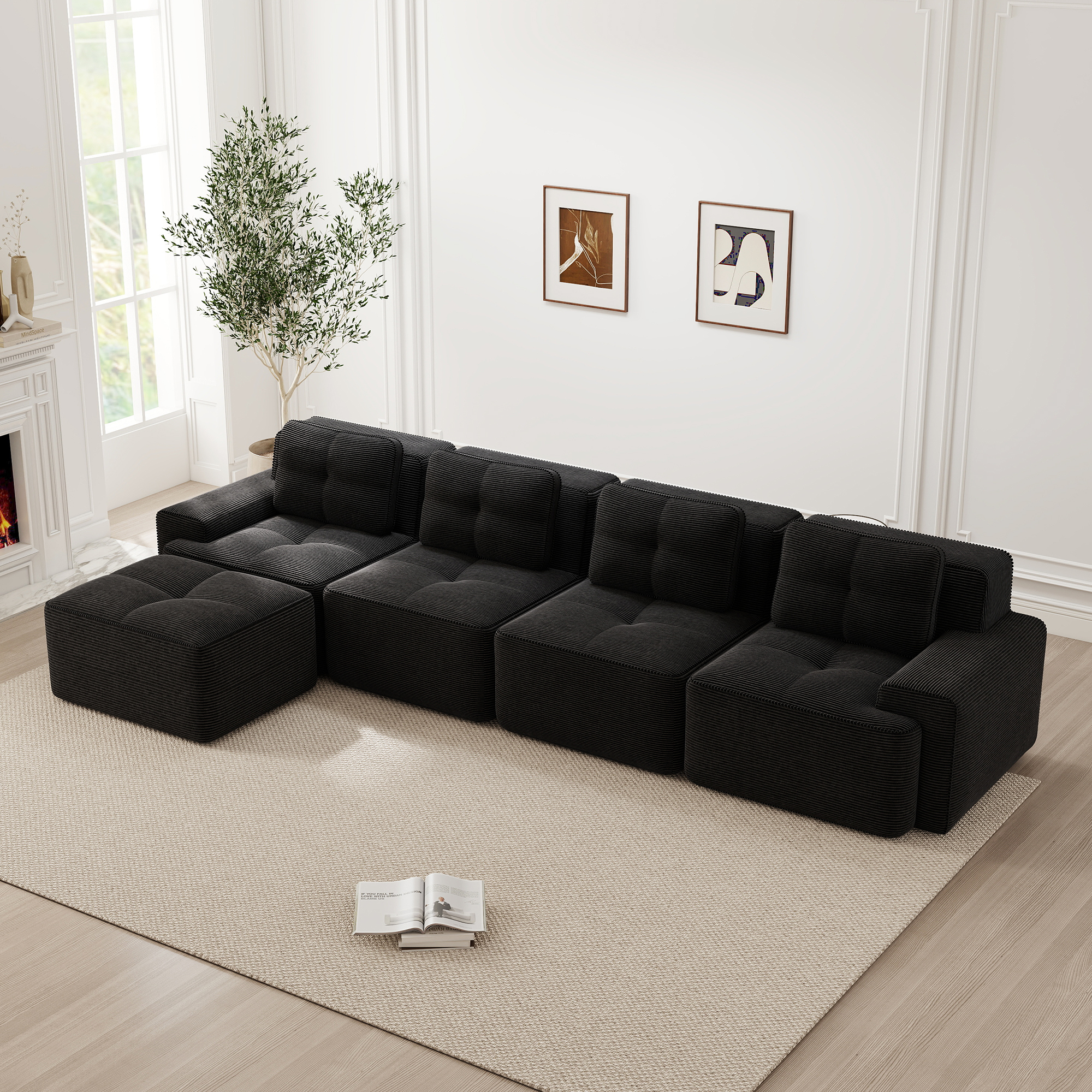 Canapé d'Angle Modulaire 4 Places 382x177x69 cm Méridienne Profonde Noir Tissu Côtelé Monté en 5 Colis Livraison Rapide