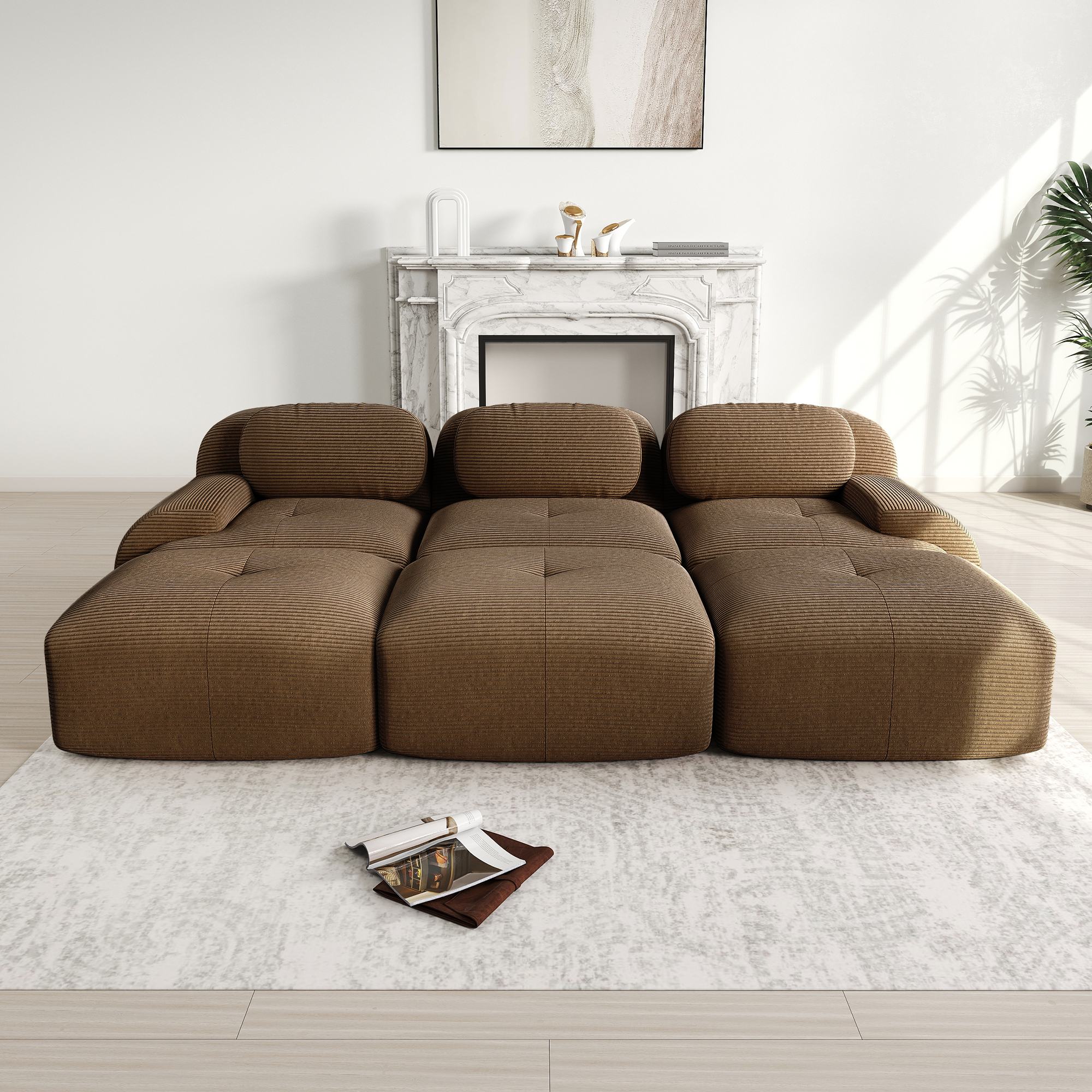 Canapé d'angle modulable 3 places en cordonnet marron, sans montage, pour salon et home cinéma