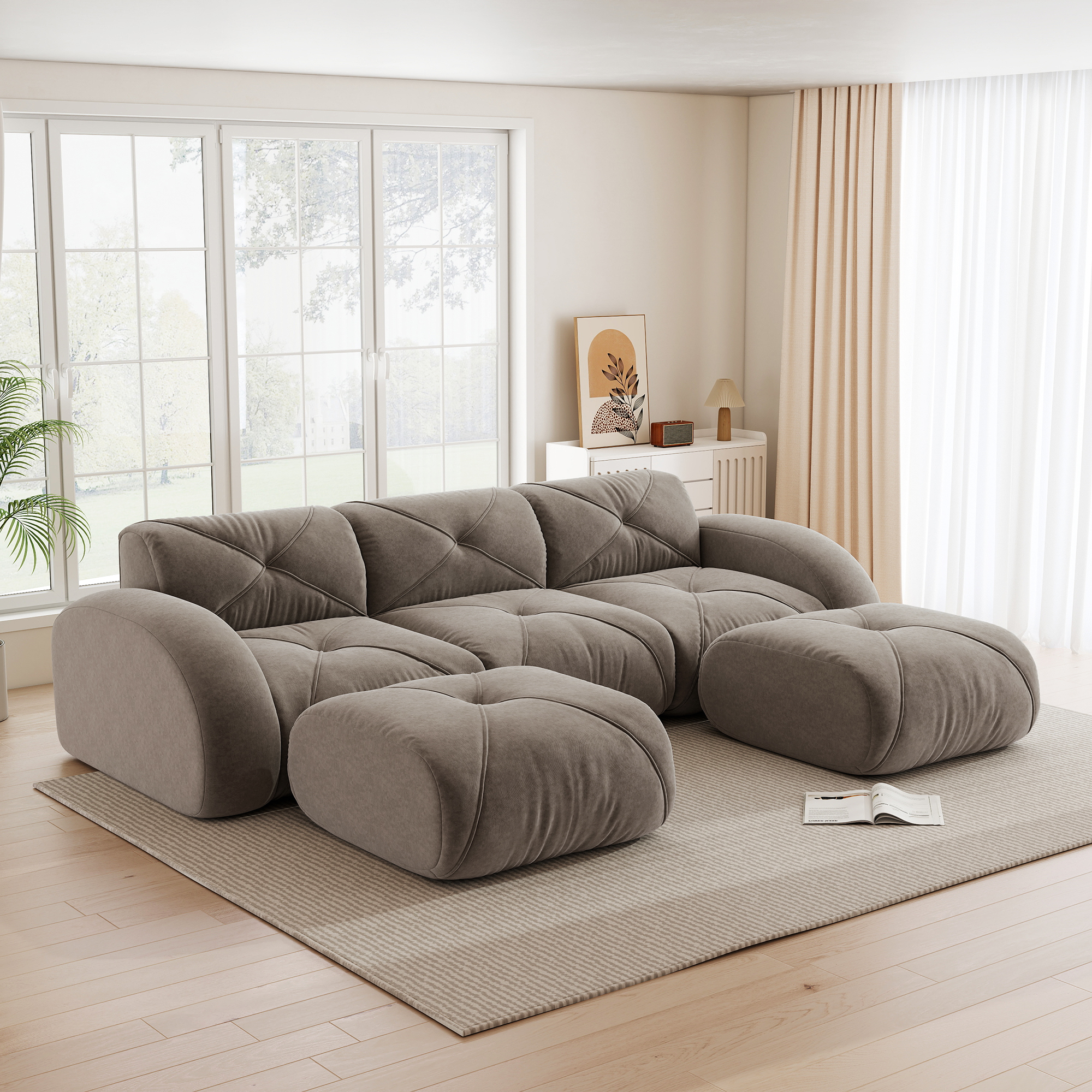 Canapé modulable 3 places en forme de U, revêtement Chenille couleur Taupe, design sans cadre pour salon moderne et élégant