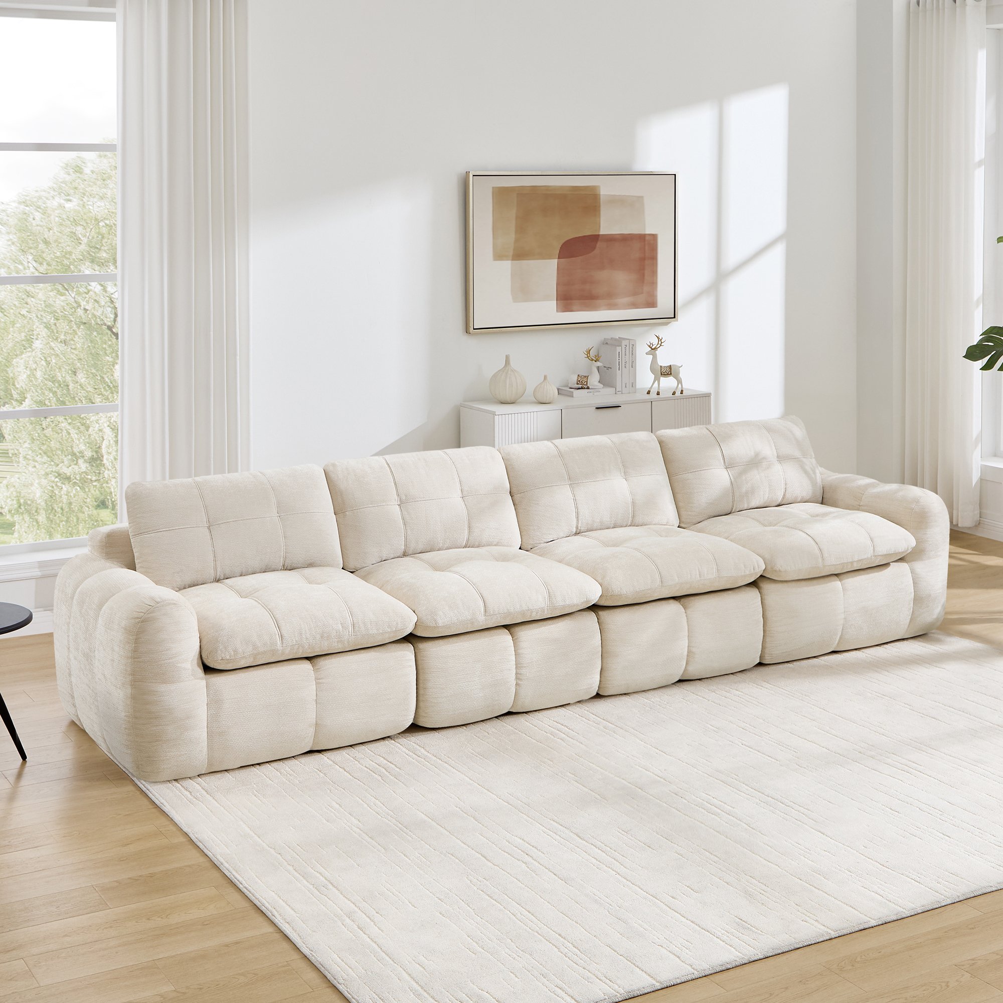 Canapé modulable sans assemblage 4 places chenille beige mousse dense pour appartement location meublée