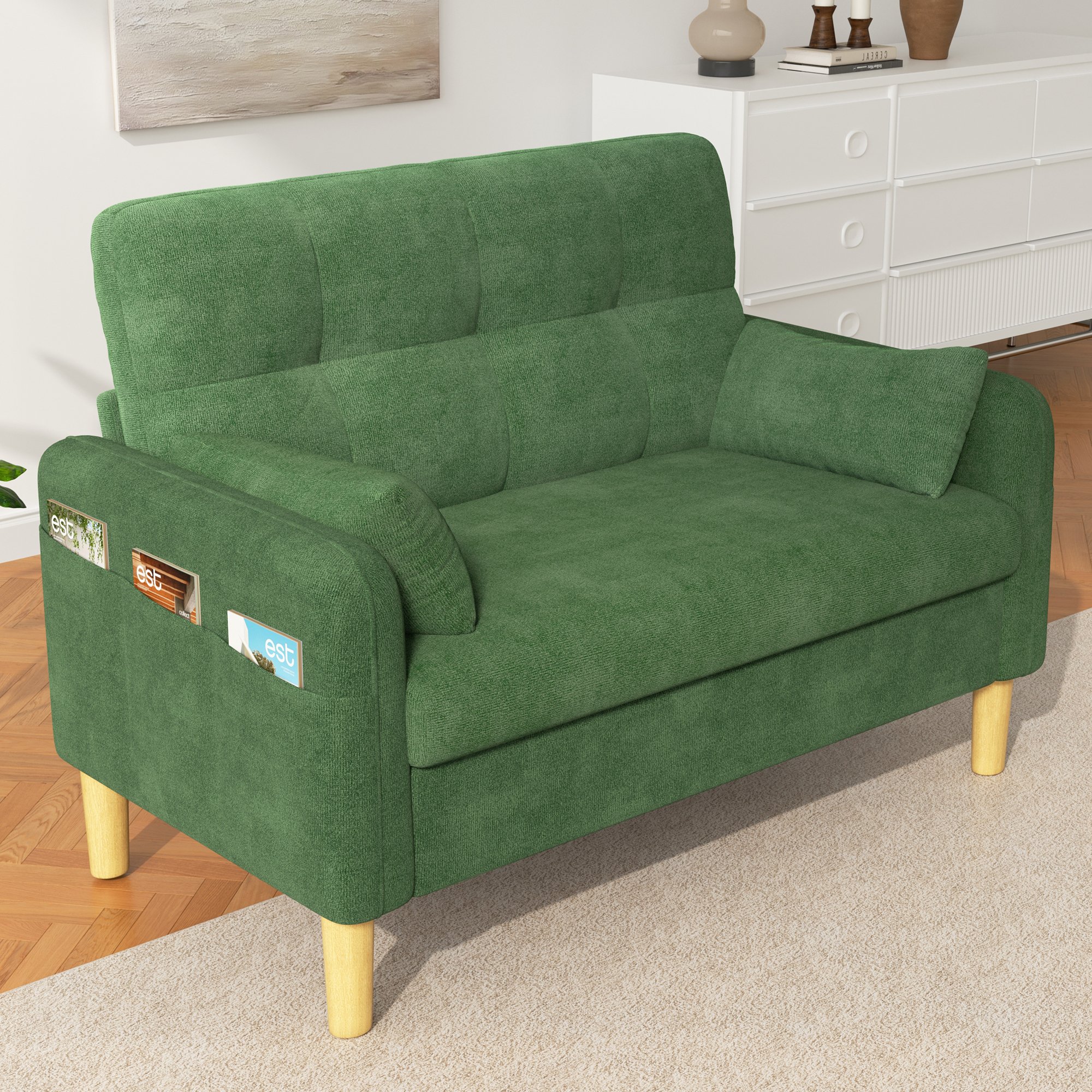 Canapé 2 places vert en tissu chenille avec poche latérale, coussins inclus, structure bois massif, idéal pour petit salon ou chambre, dimensions 119x78x85 cm
