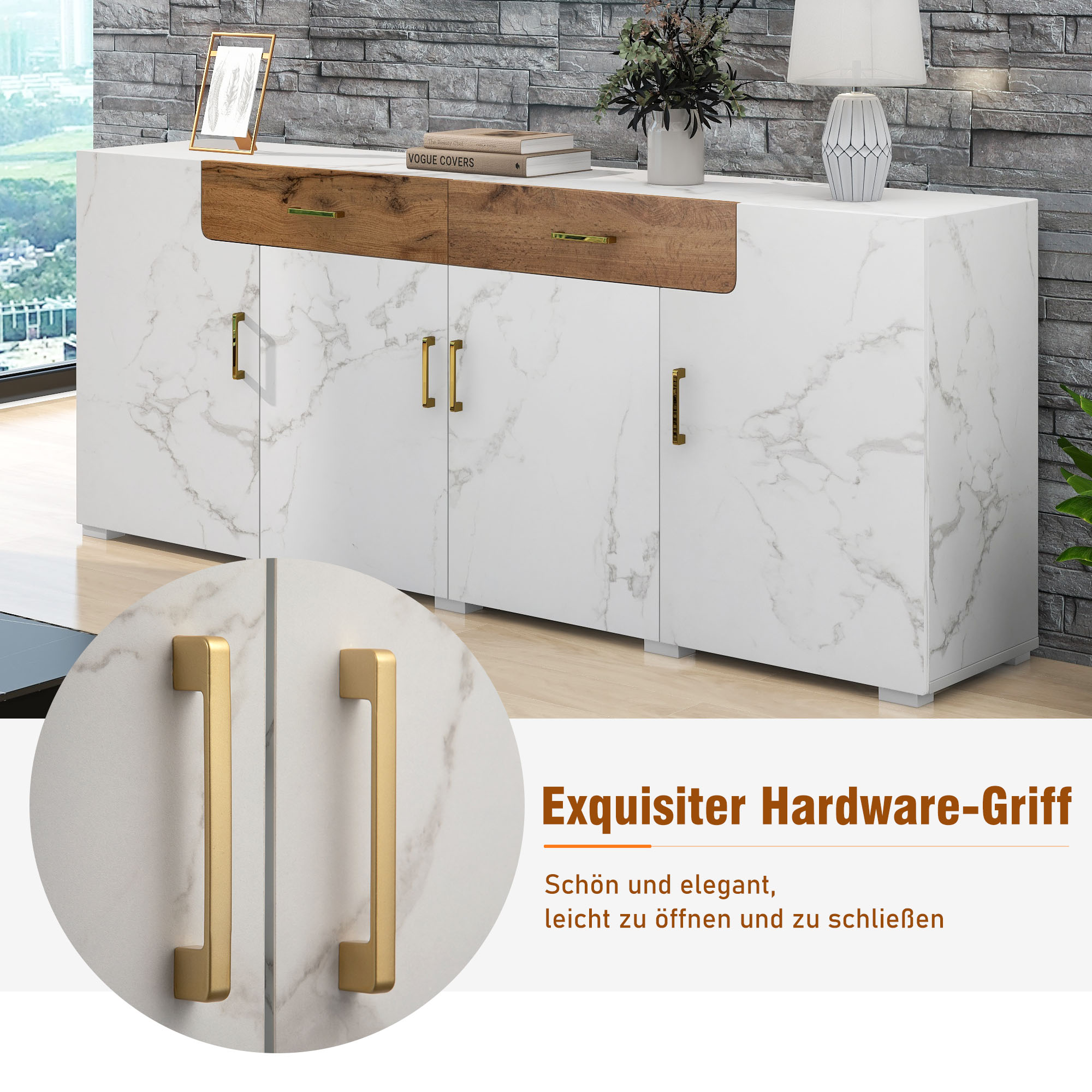 Buffet de cuisine blanc 208x39,5x80 cm, meuble rangement avec 4 portes et 2 tiroirs, structure panneaux de particules