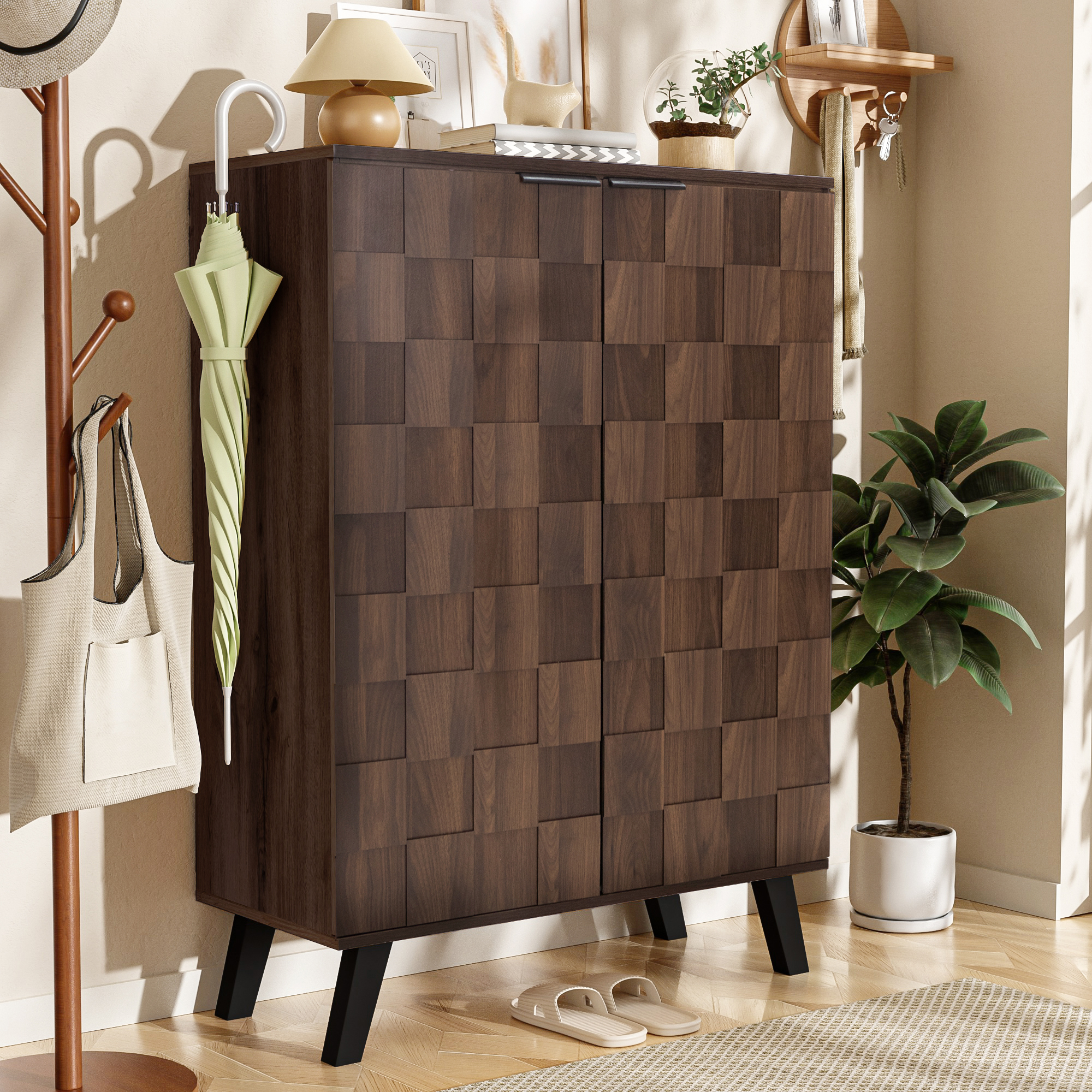 Meuble à chaussures design avec portes structurées et charnières soft close, rangement vertical 5 niveaux, 80x35,5x110 cm