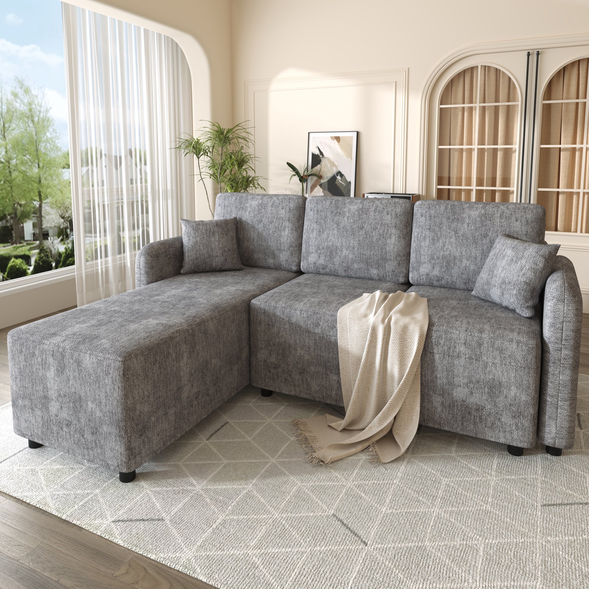 Canapé d'angle 3 places en tissu chenille gris avec méridienne de 144 cm, rembourrage mousse haute densité et structure bois massif pour petit espace
