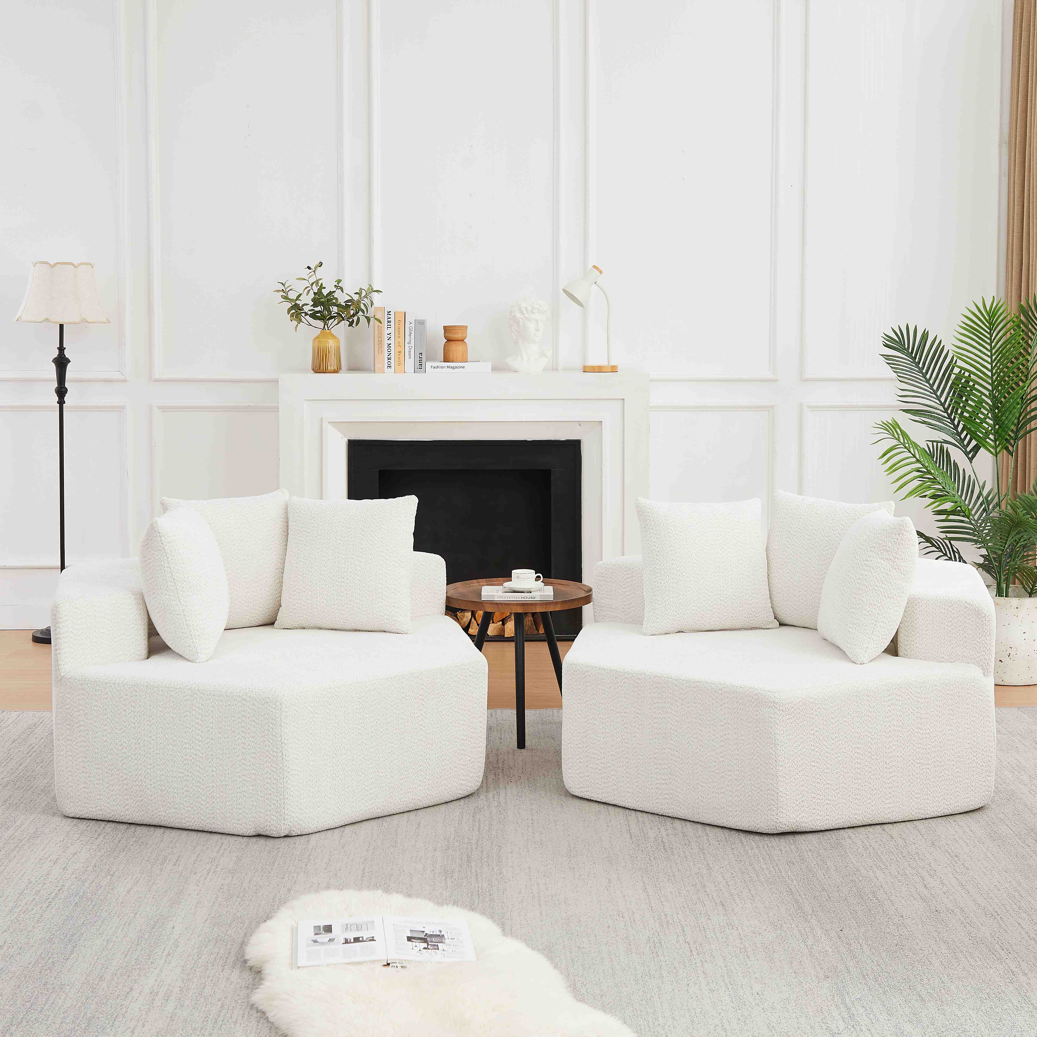 Ensemble canapé jardin ou salon, fauteuil modulaire hexagonal chenille beige avec coussins, design contemporain multifonctionnel