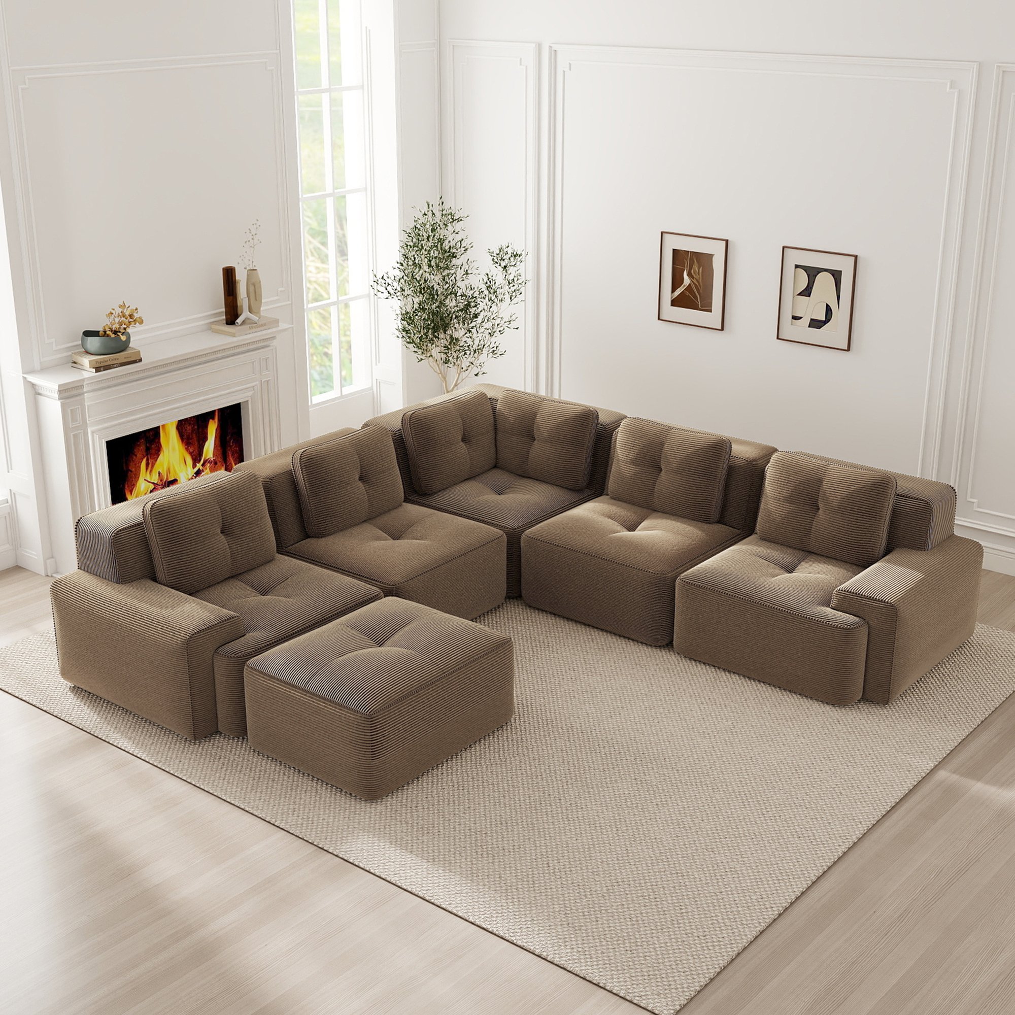 Canapé d'angle modulable marron en velours côtelé sans cadre, profondeur 74cm, design contemporain pour salon ou bureau, aucune installation requise