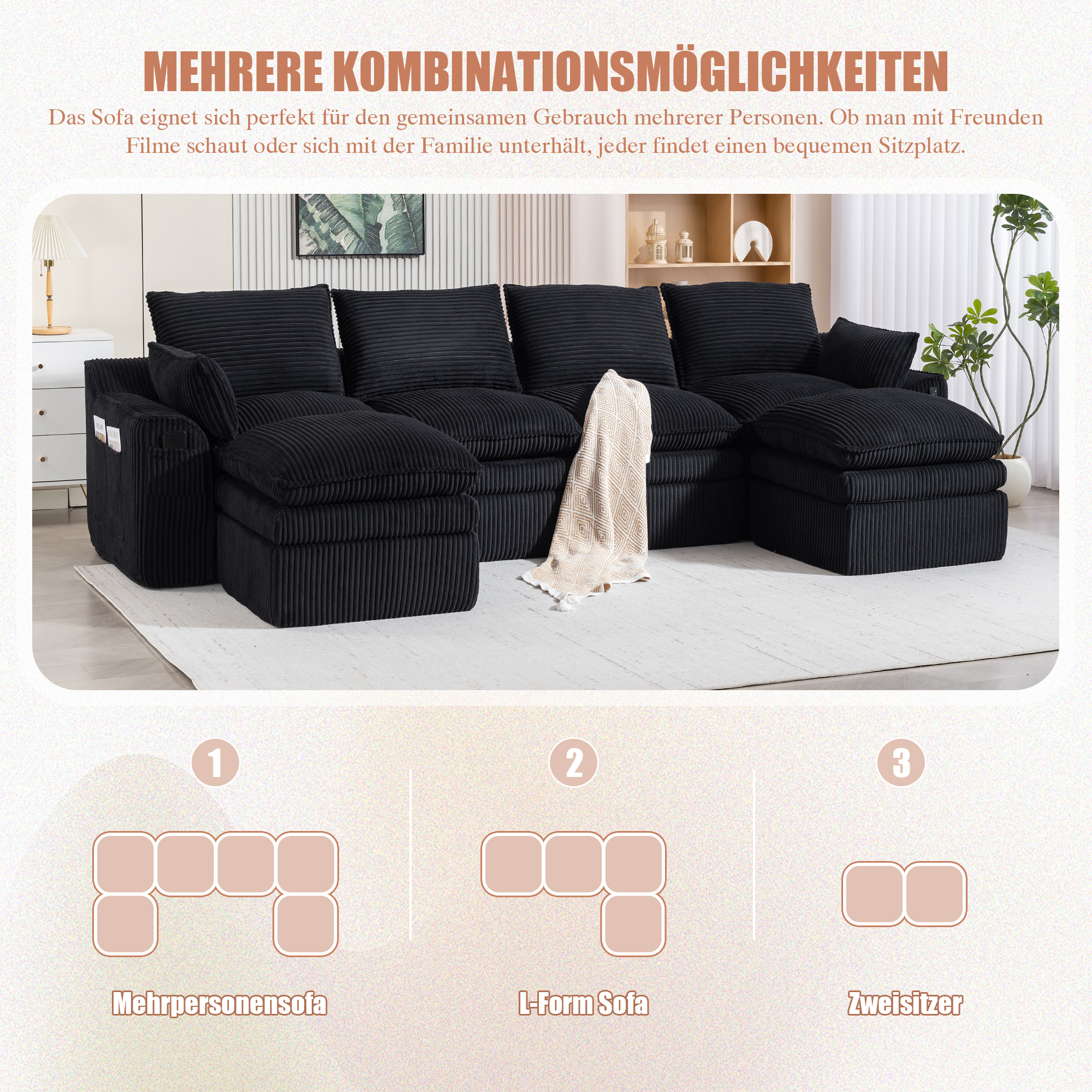 Canapé modulable 4 places en velours côtelé noir avec 2 poufs, coussins et poches latérales