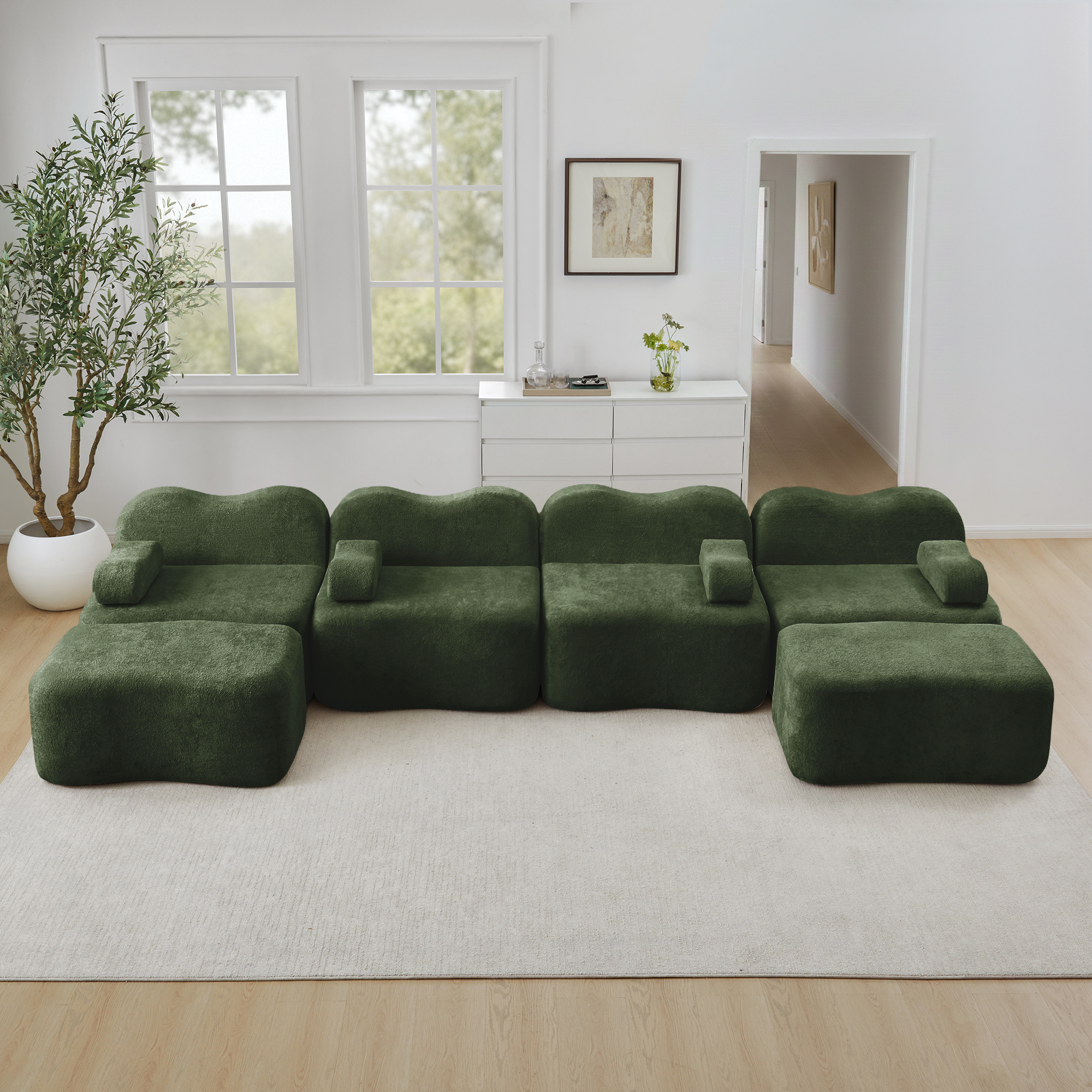 Canapé Modulable 4 Places Panoramique En Velours Vert Avec Rangement Intégré Et Coussins Mobiles Pour Salon Moderne
