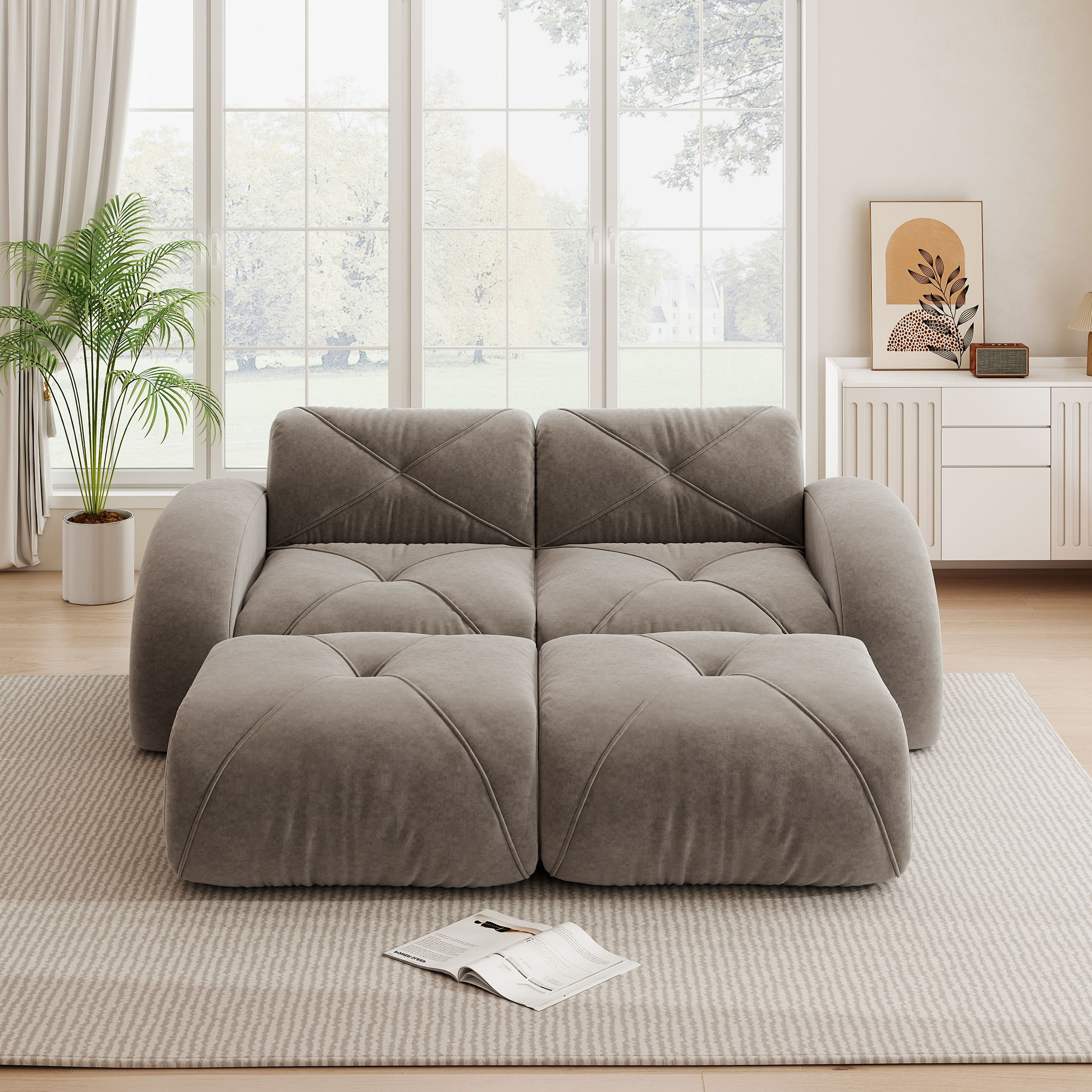 Canapé modulable 2 places 204x171 cm, design plat sans dossier en tissu Chenille taupe, livré avec 2 poufs pour salon moderne