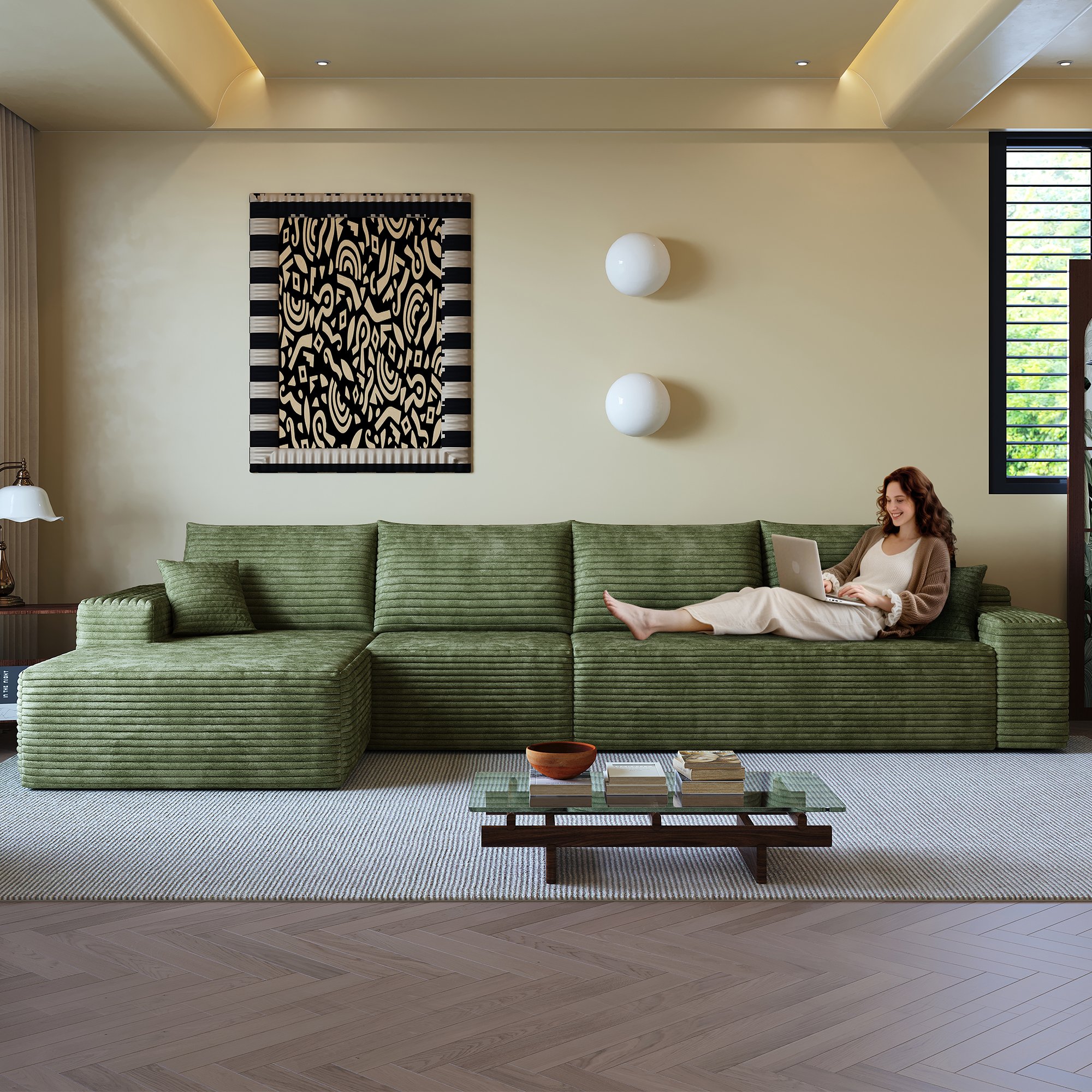 Canapé d'angle vert 340x175 cm en velours côtelé, structure modulable sans montage, assise profonde pour salon et chambre