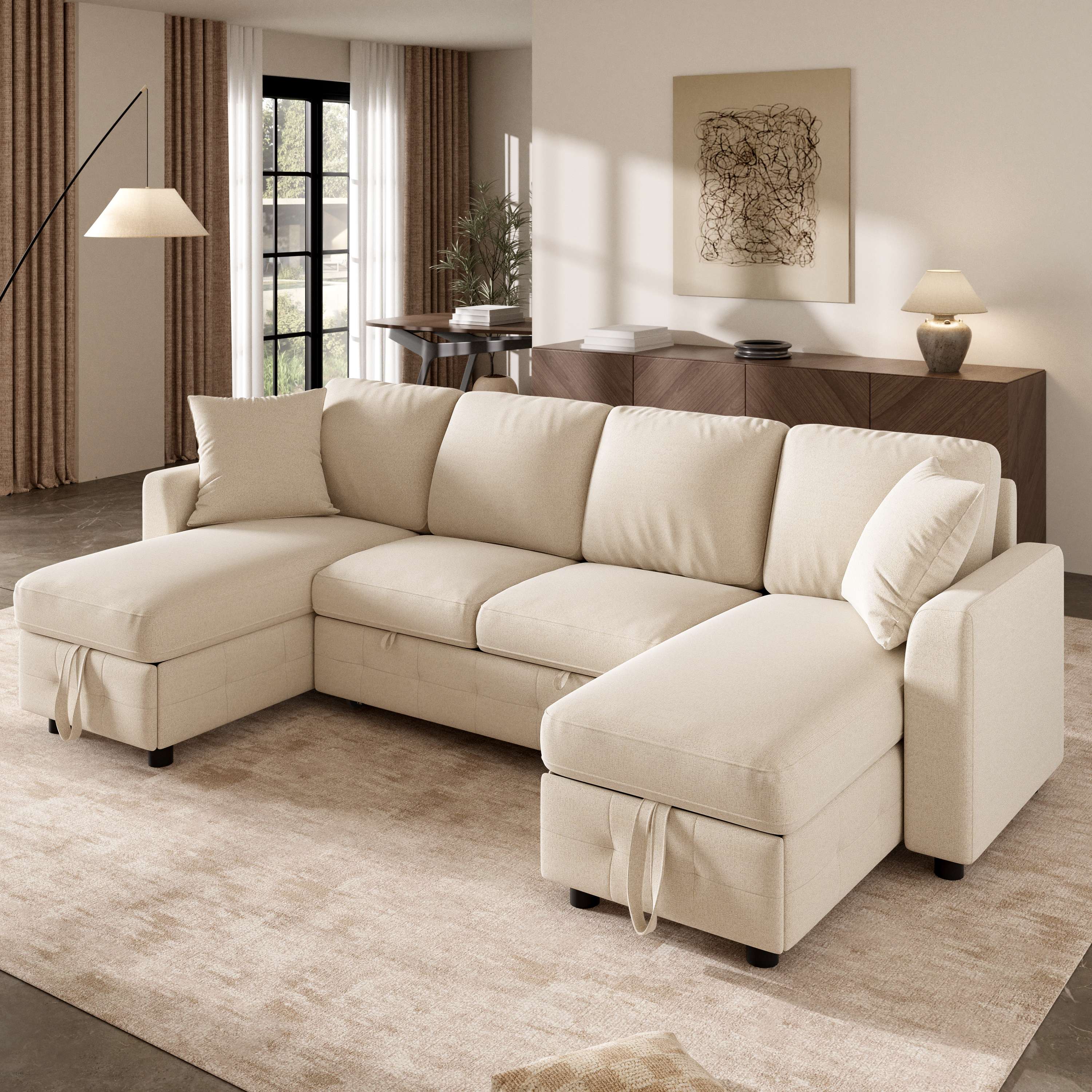 Canapé-lit en U beige chenille 260x128x82 cm avec 2 coffres de rangement dans les chaises longues, ports USB et Type-C, coussins inclus