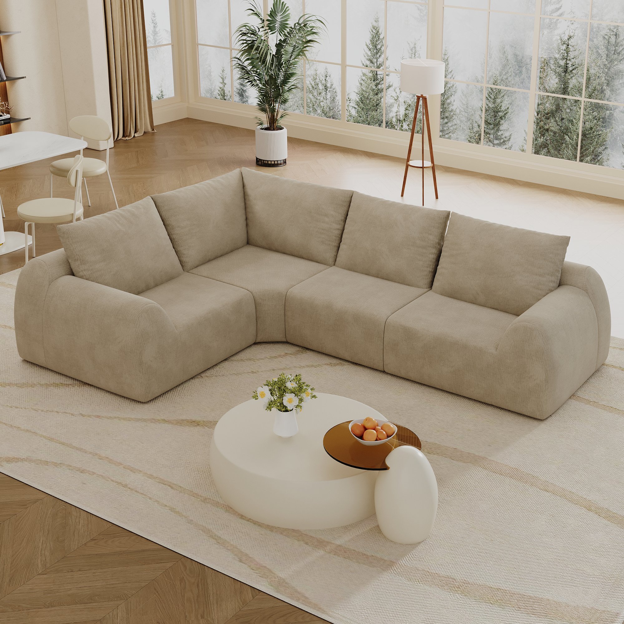 Canapé droit 267x200x85 cm en tissu chenille kaki, mousse haute élasticité, sans montage, livraison compacte pour salon et chambre