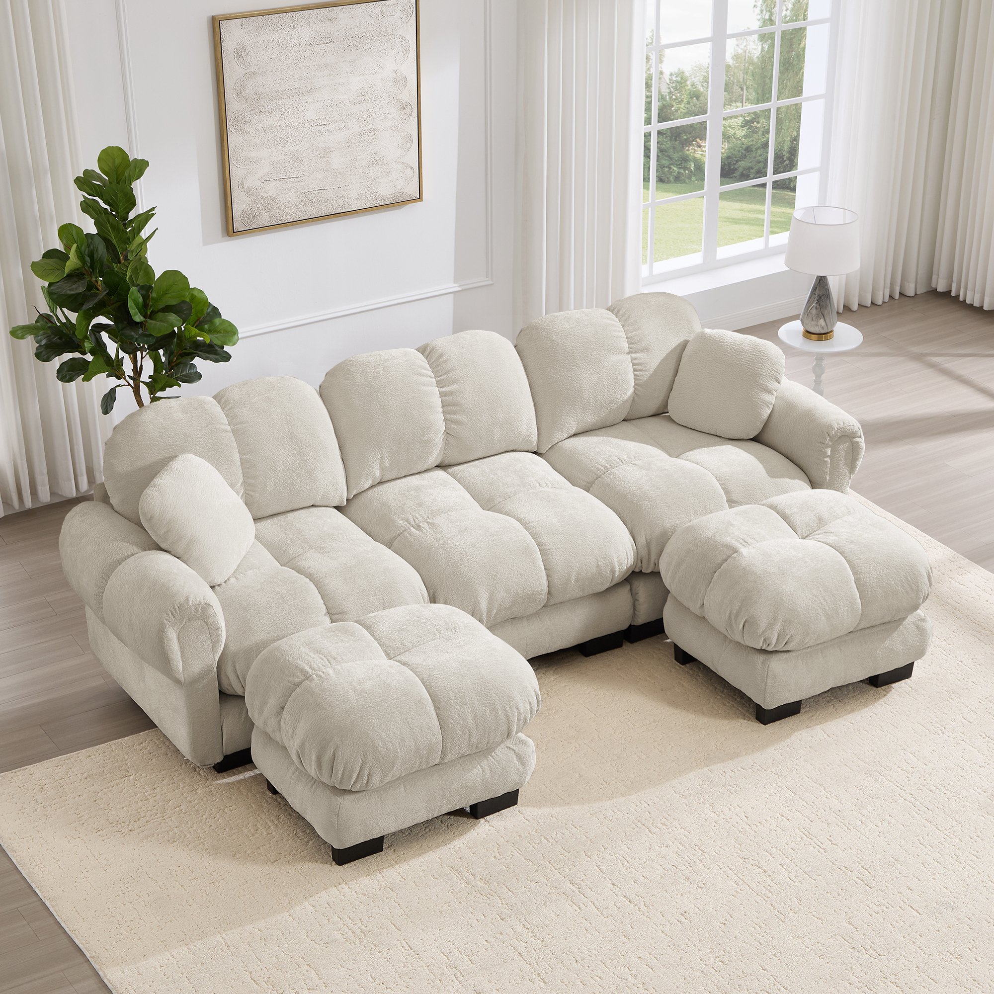 Canapé d'angle 3 places en chenille beige clair, design nuage avec ottoman mobile et coussins décoratifs inclus pour le salon