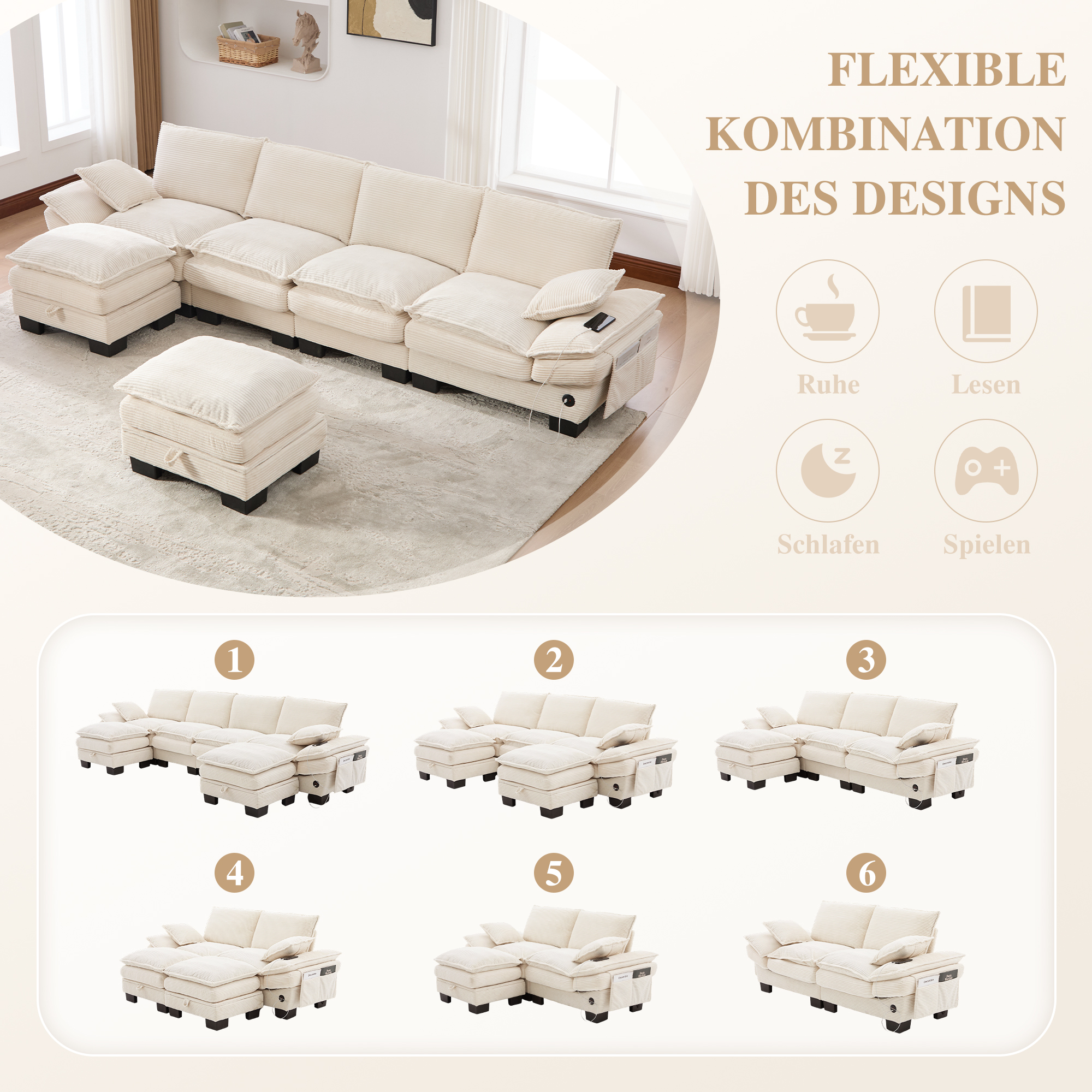 Canapé d'angle 4 places modulable avec 2 poufs, coffre intégré et port USB-C pour recharger vos appareils
