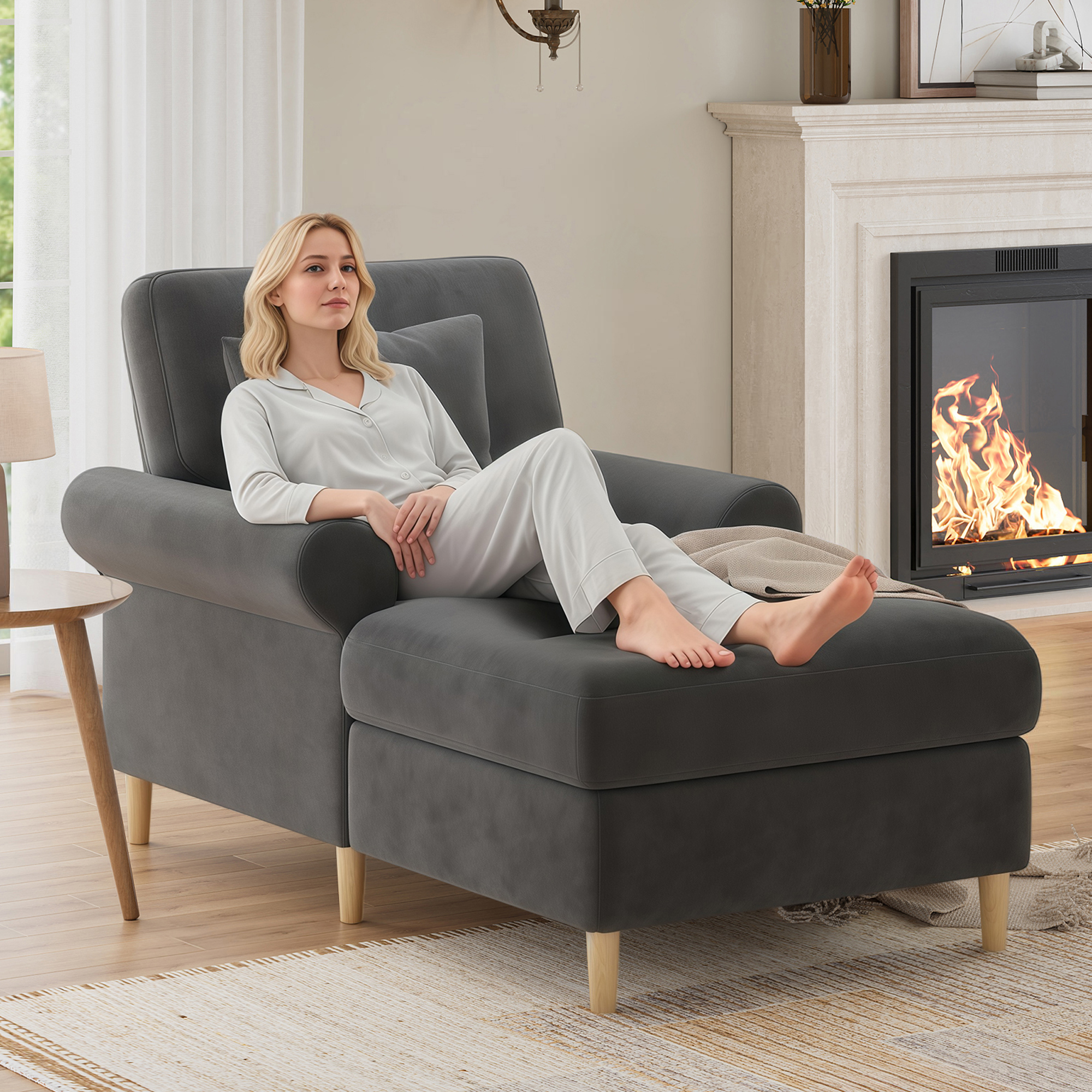 Canapé convertible 1 place 133x87x90 cm en velours gris avec assise rembourrée et coussin inclus