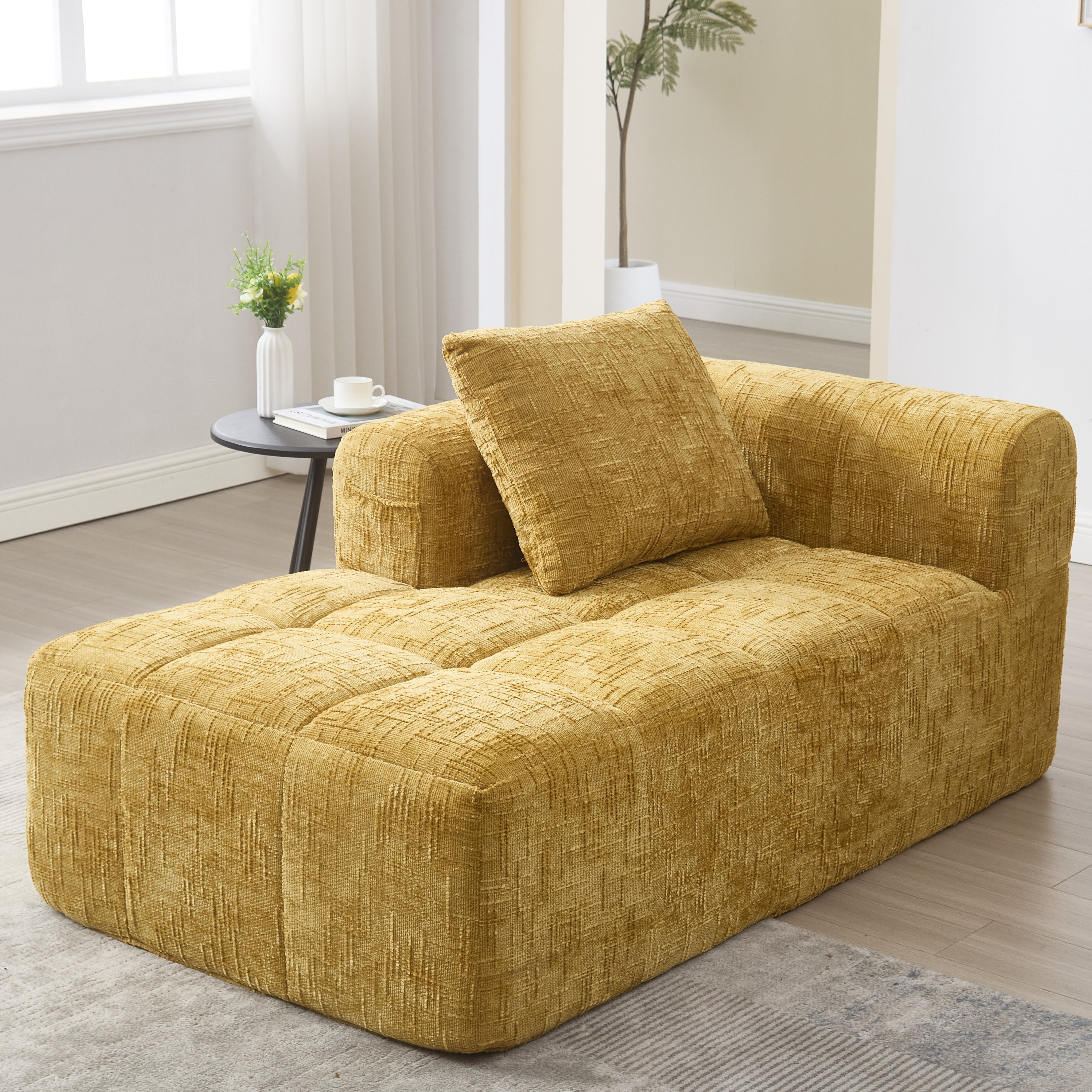 Canapé méridienne en chenille jaune, assise à retour rapide, coussin inclus et poches latérales pratiques