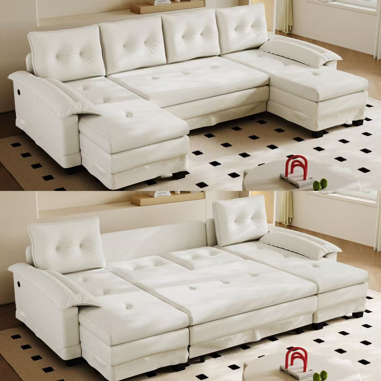 Fauteuil Relax Canapé D'angle En U Avec Tiroir Caché Fonction Lit Double Prise USB Design Contemporain