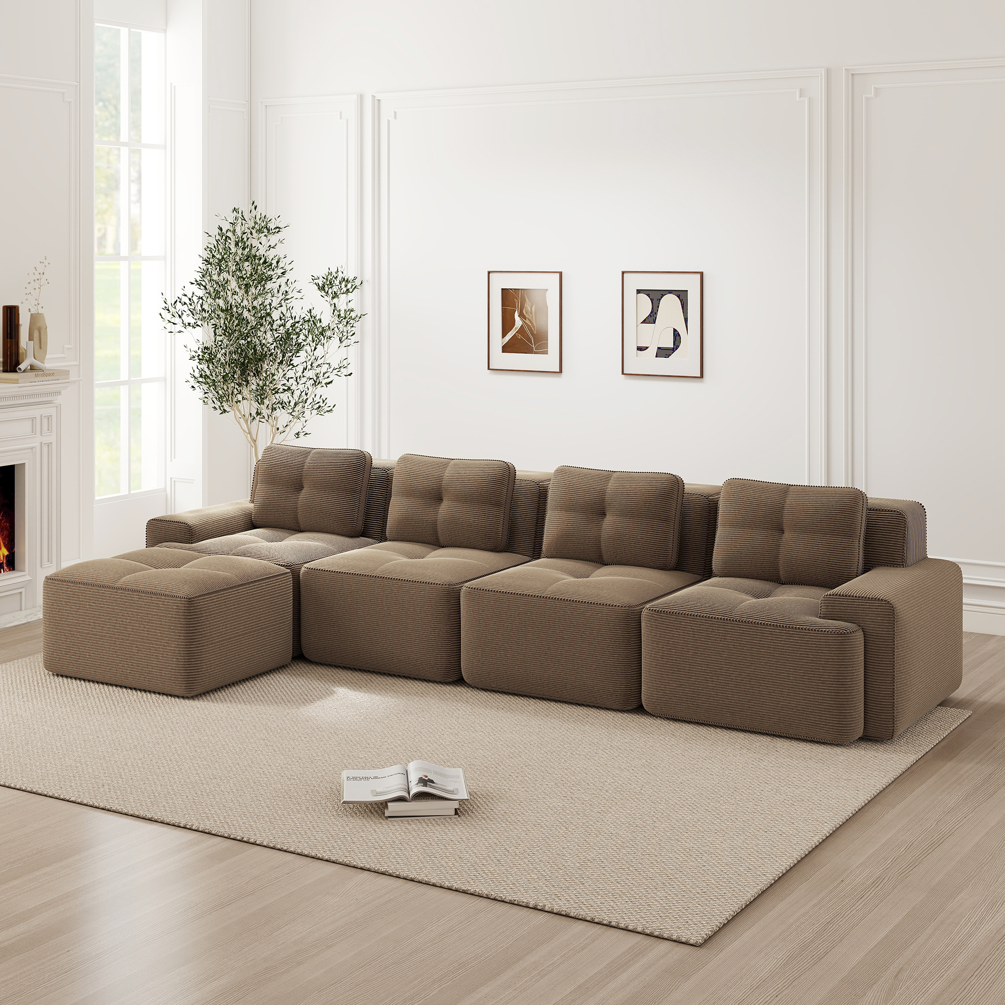 Canapé 4 Places en Velours Côtelé Marron, Structure Modulaire avec Méridienne, Assise Profonde 74 cm, Base Antidérapante