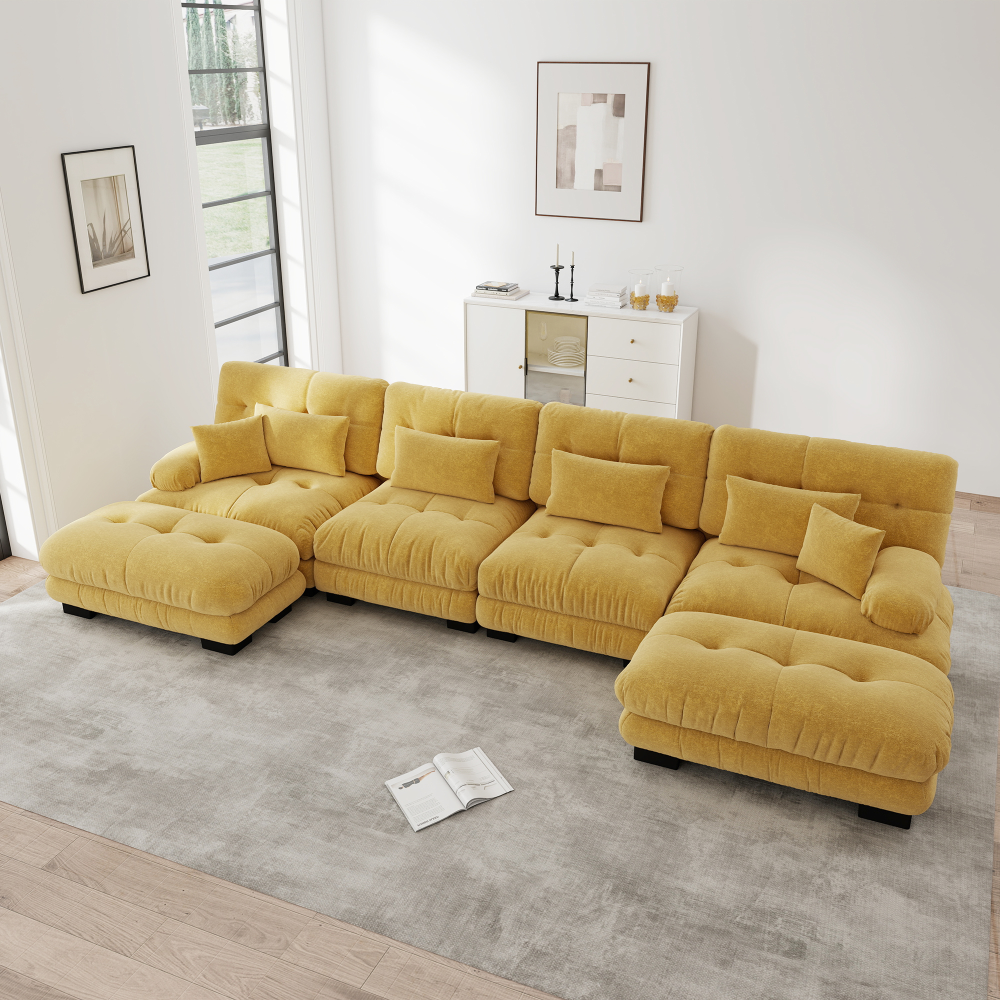 Canapé d'Angle 4 Places Grand Format 406x145x81 cm, Canapé Modulable en Chenille Jaune avec Ottoman Inclus