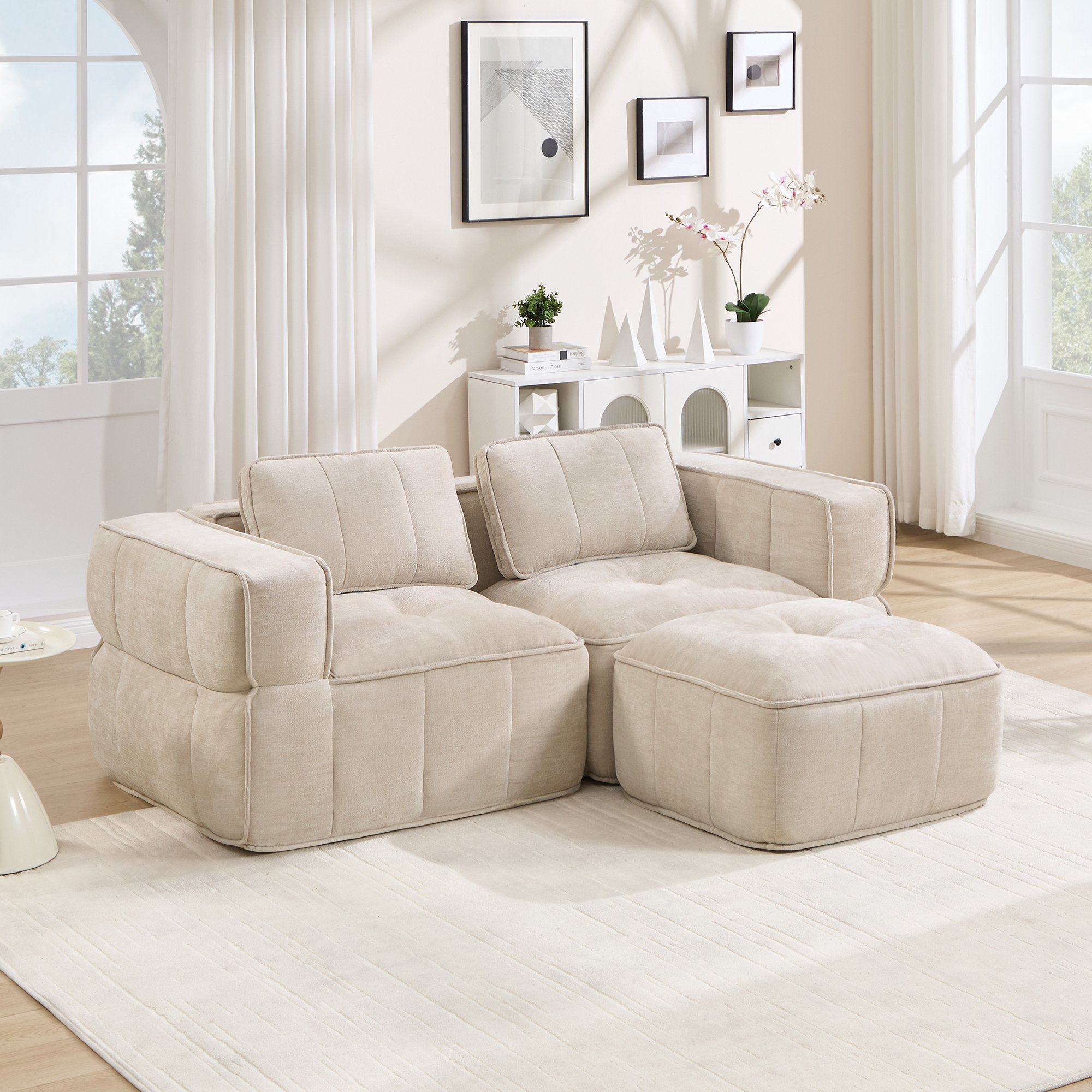 Canapé d'angle modulable 2 places beige sans structure avec ottoman, tissu polyester, assise profonde, pour salon moderne