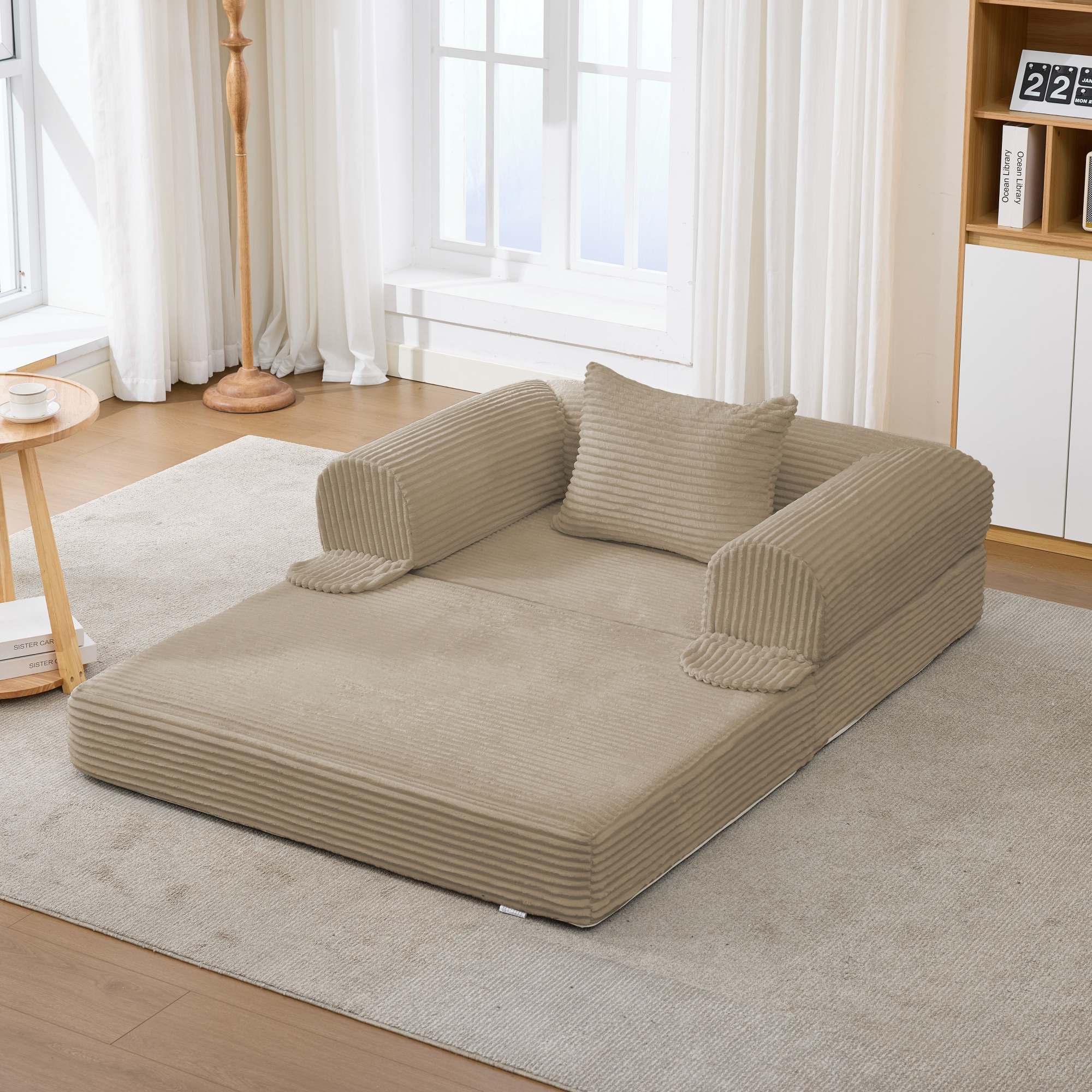 Fauteuil Convertible Lit 1 Place, Canapé Lit Compact avec Rangement Intégré, Revêtement Côtelé Marron, Idéal Salon ou Chambre
