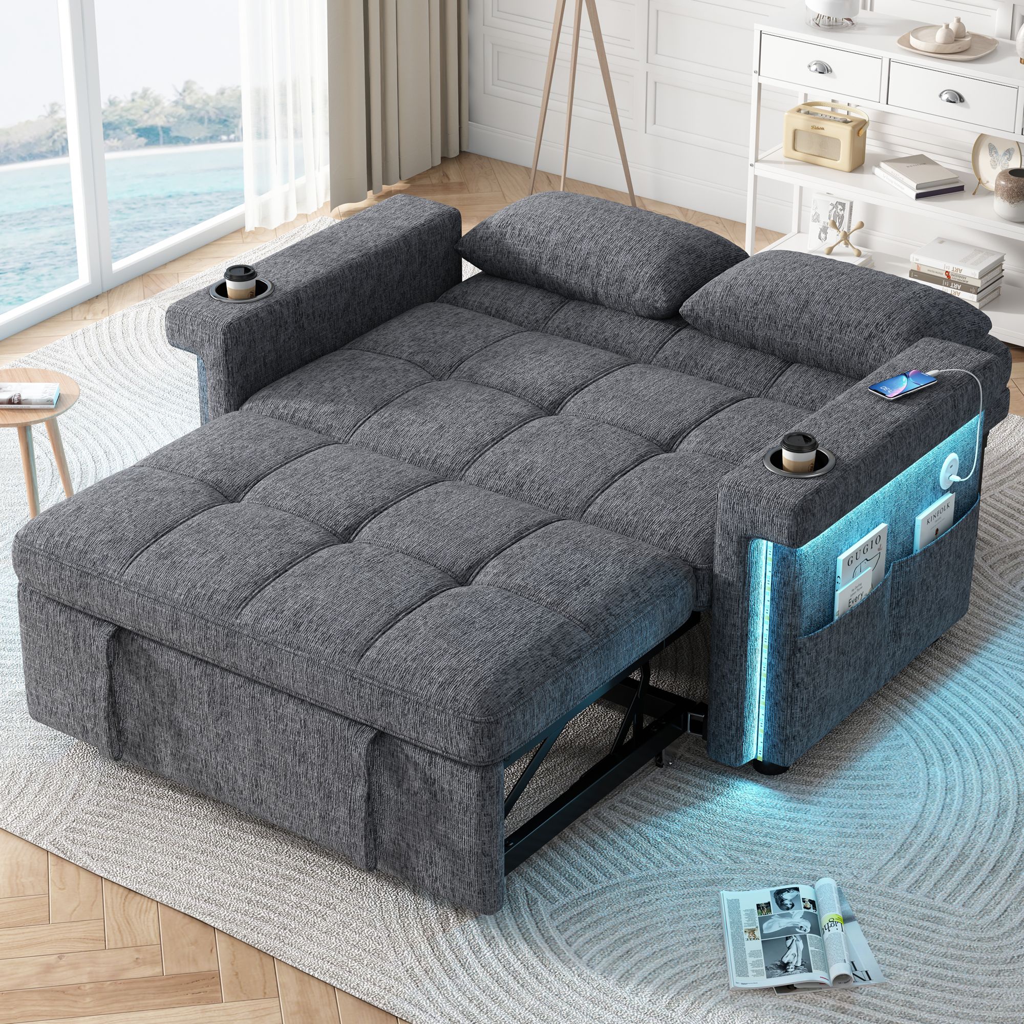 Canapé-lit convertible 2 places en tissu chenille gris avec LED, ports USB Type-C, dossier réglable 3 positions et coussins inclus pour salon moderne