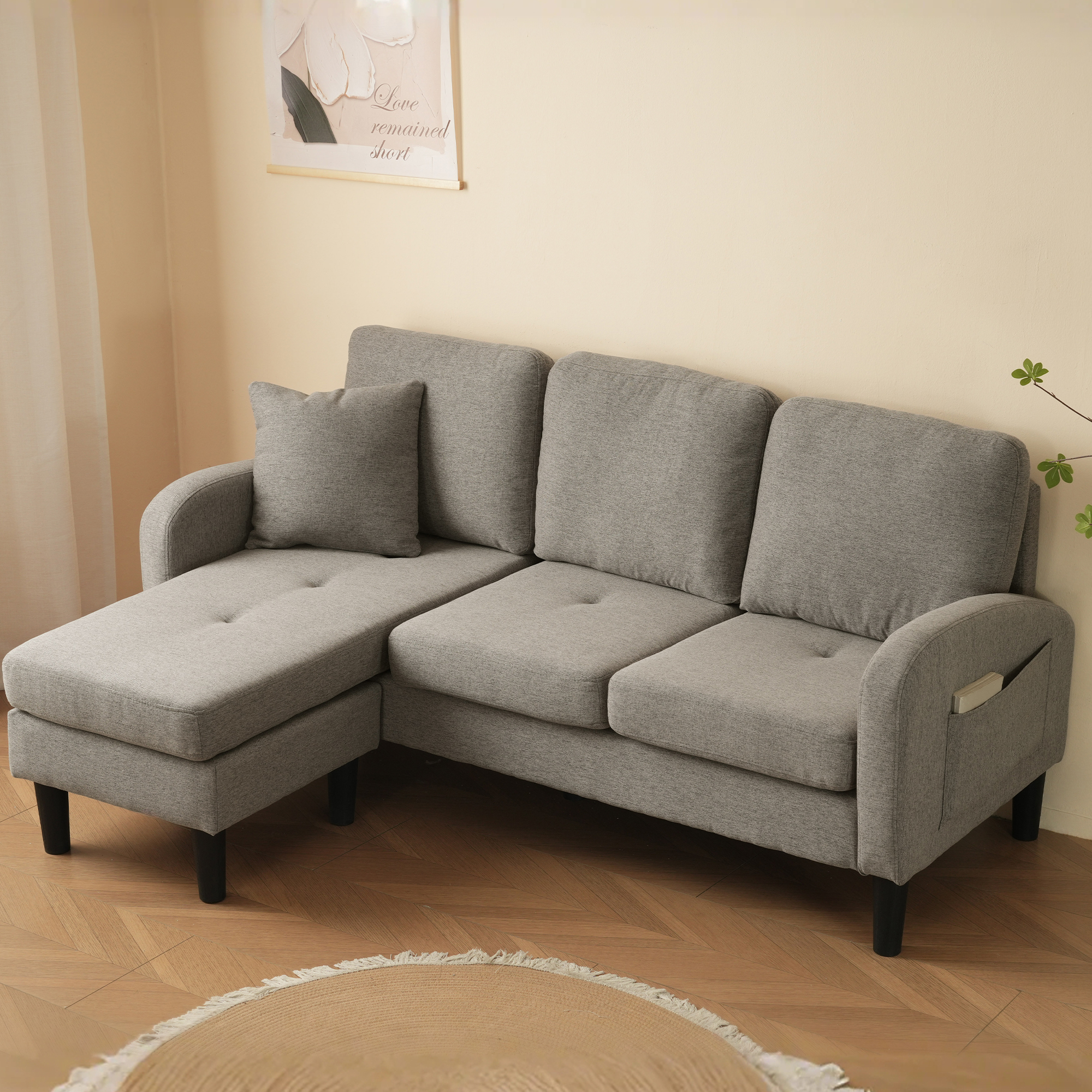 Canapé d'angle 3 places avec Méridienne Réversible Gris Anthracite Tissu Lin Respirant